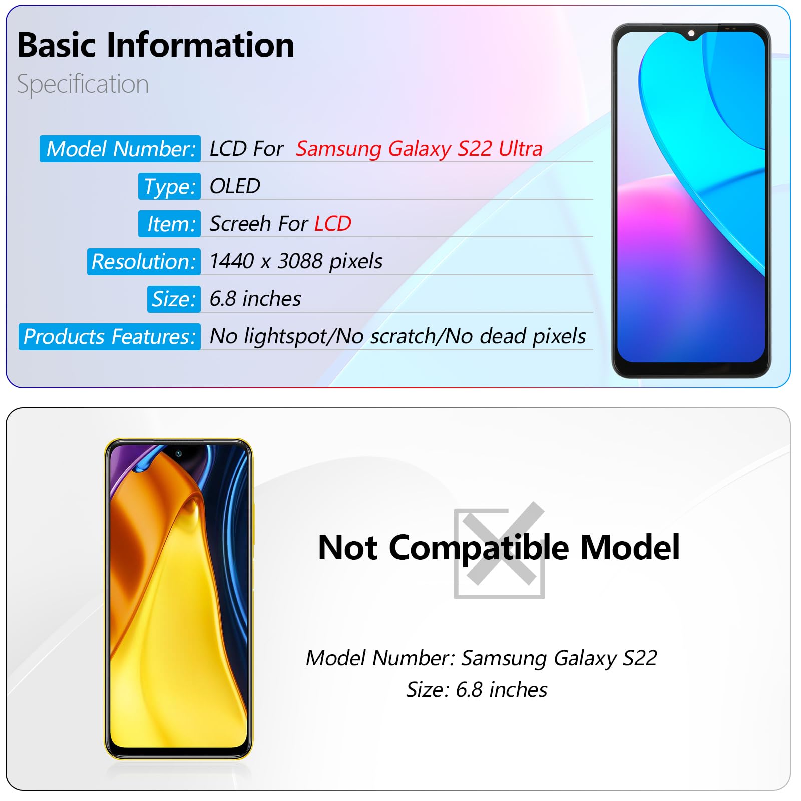 Oled Screen For Samsung Galaxy S22 Ultra 5G Screen Replacement For Samsung S22 Ultra 5G Sm-S908U/S908U1 Lcd Display Touch Screen