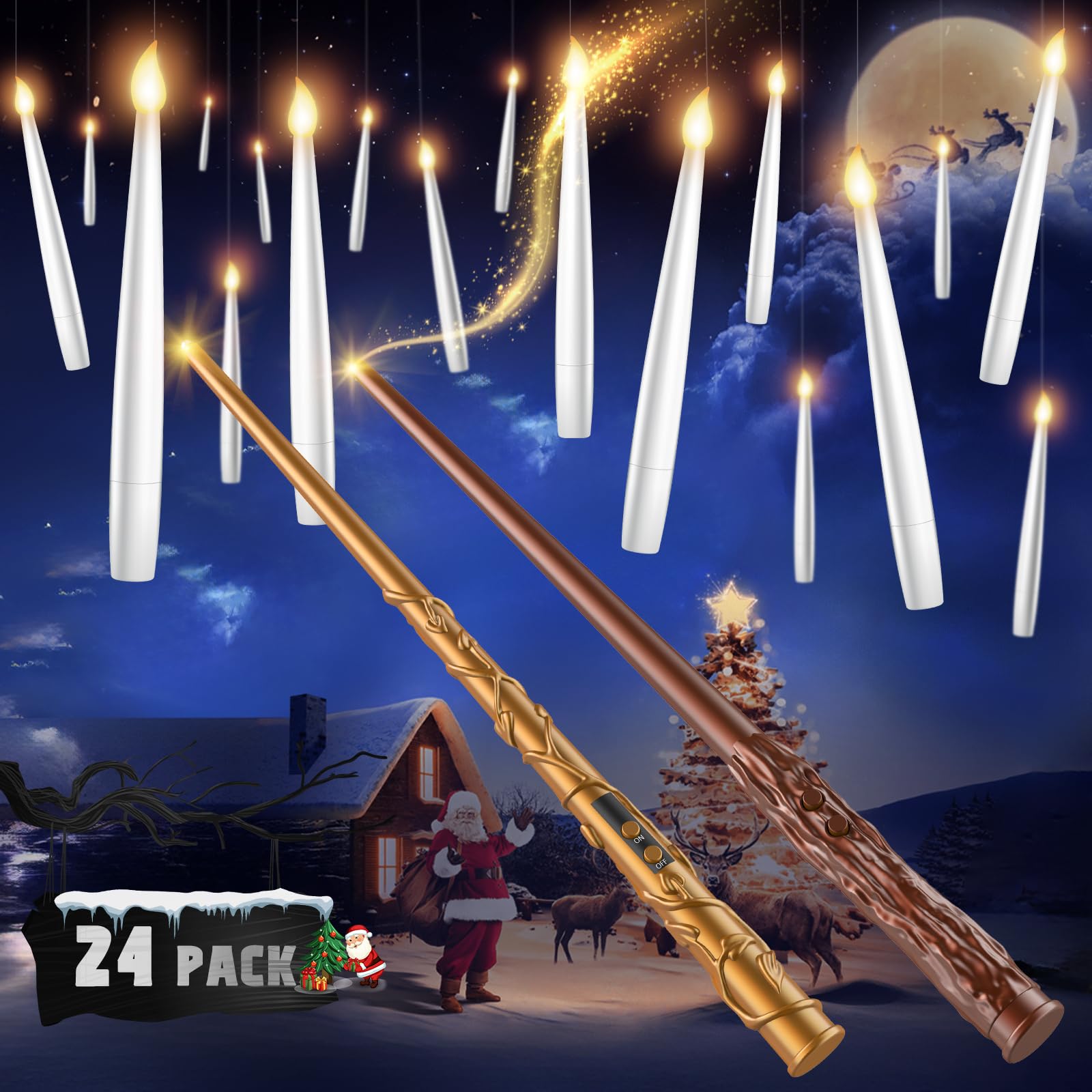 Tlpuhu Floating Candles With 2 Wand   24 Pack Christmas Decorations Magic Flameless Candles Flickering Warm Light Led Hanging Ca