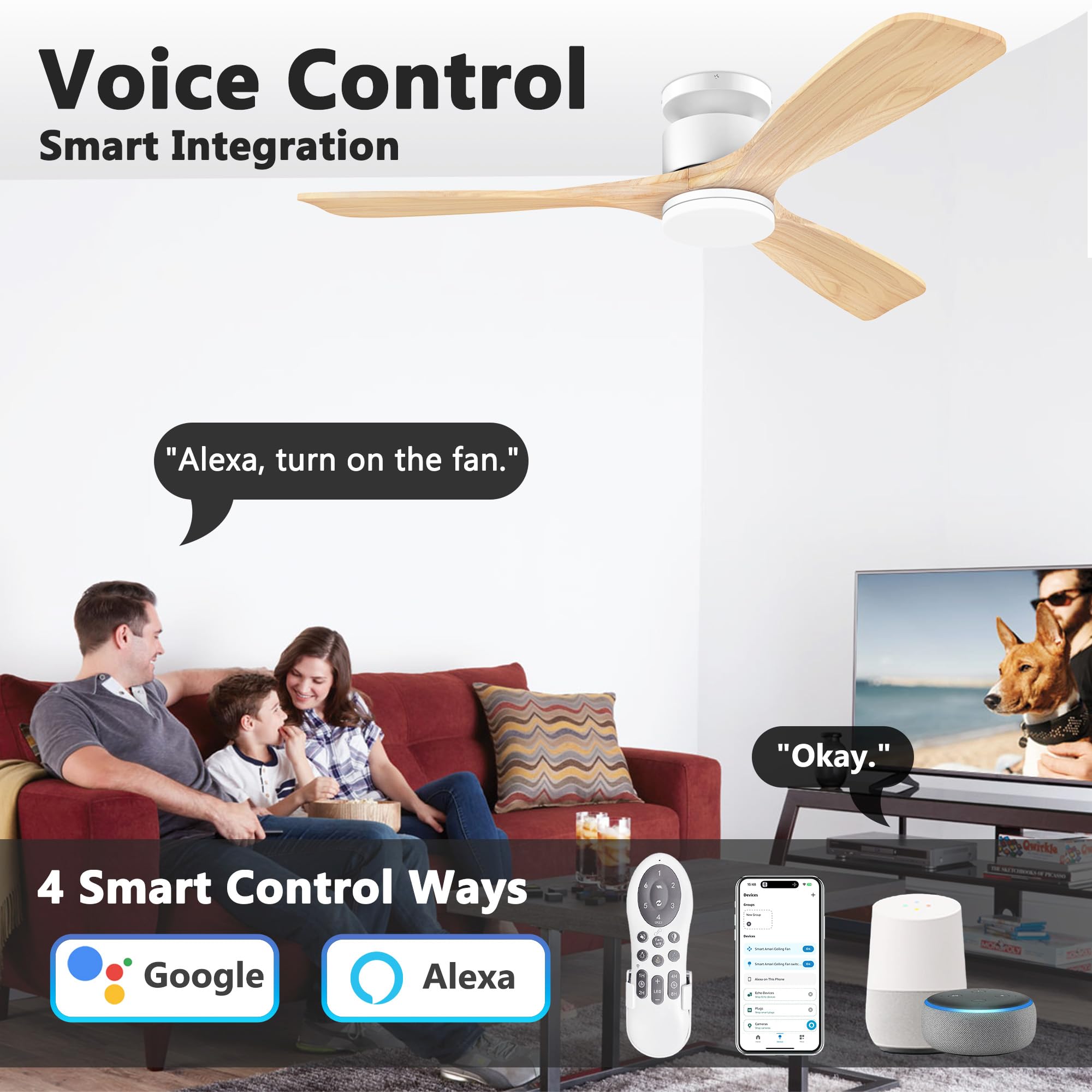 52 Inch Smart Flush Mount Ceiling Fans With Lights Remote,Wood Outdoor Indoor Ceiling Fan,Wifi Alexa App Control,Quiet Dc Motor,