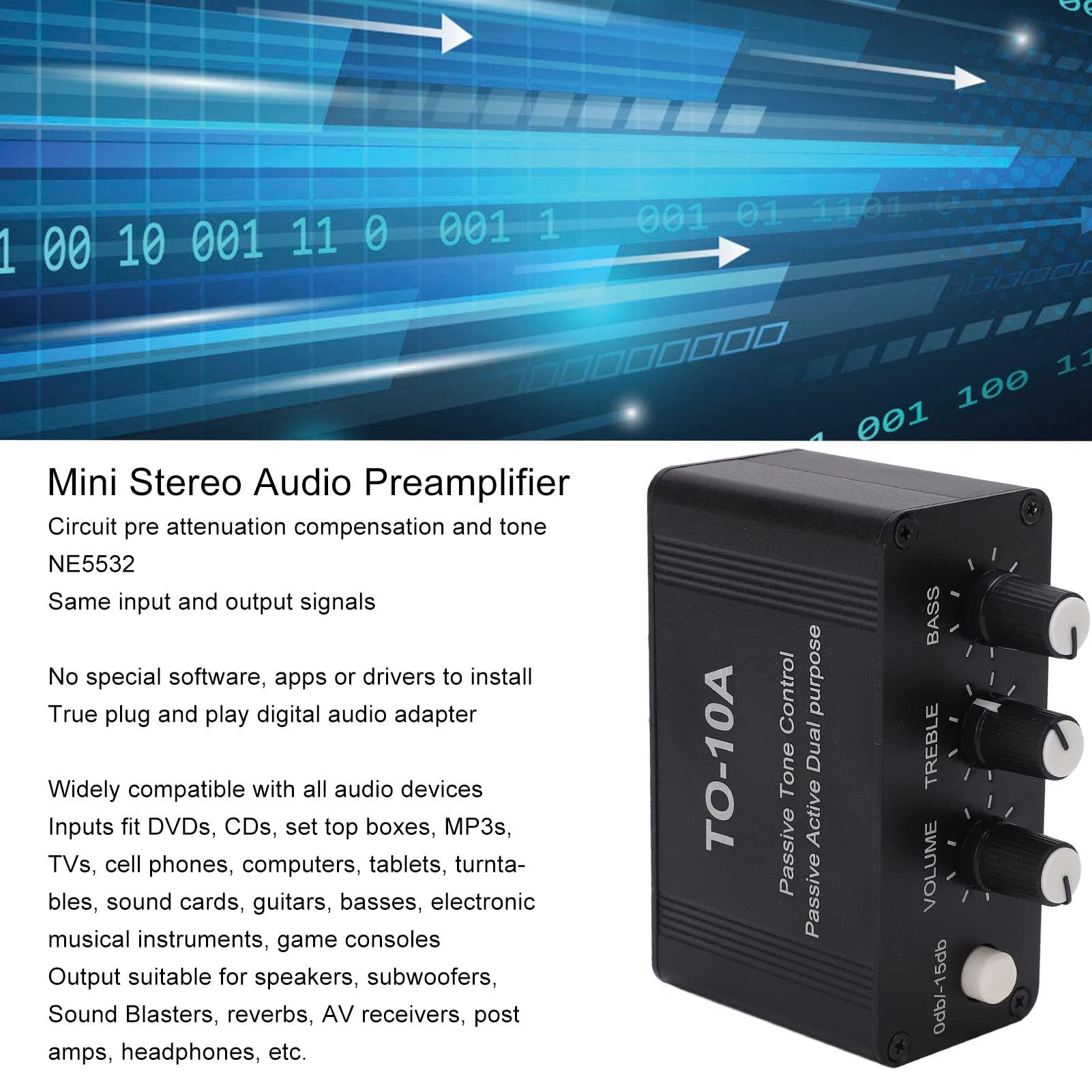 Garosa Mini Electronic Audio Stereo Preamplifier Dc 12V Small Stereo Audio Preamplifier 3.5Mm Mini Stereo Audio Amplifier With Treble Bass Volume Control For Speakers