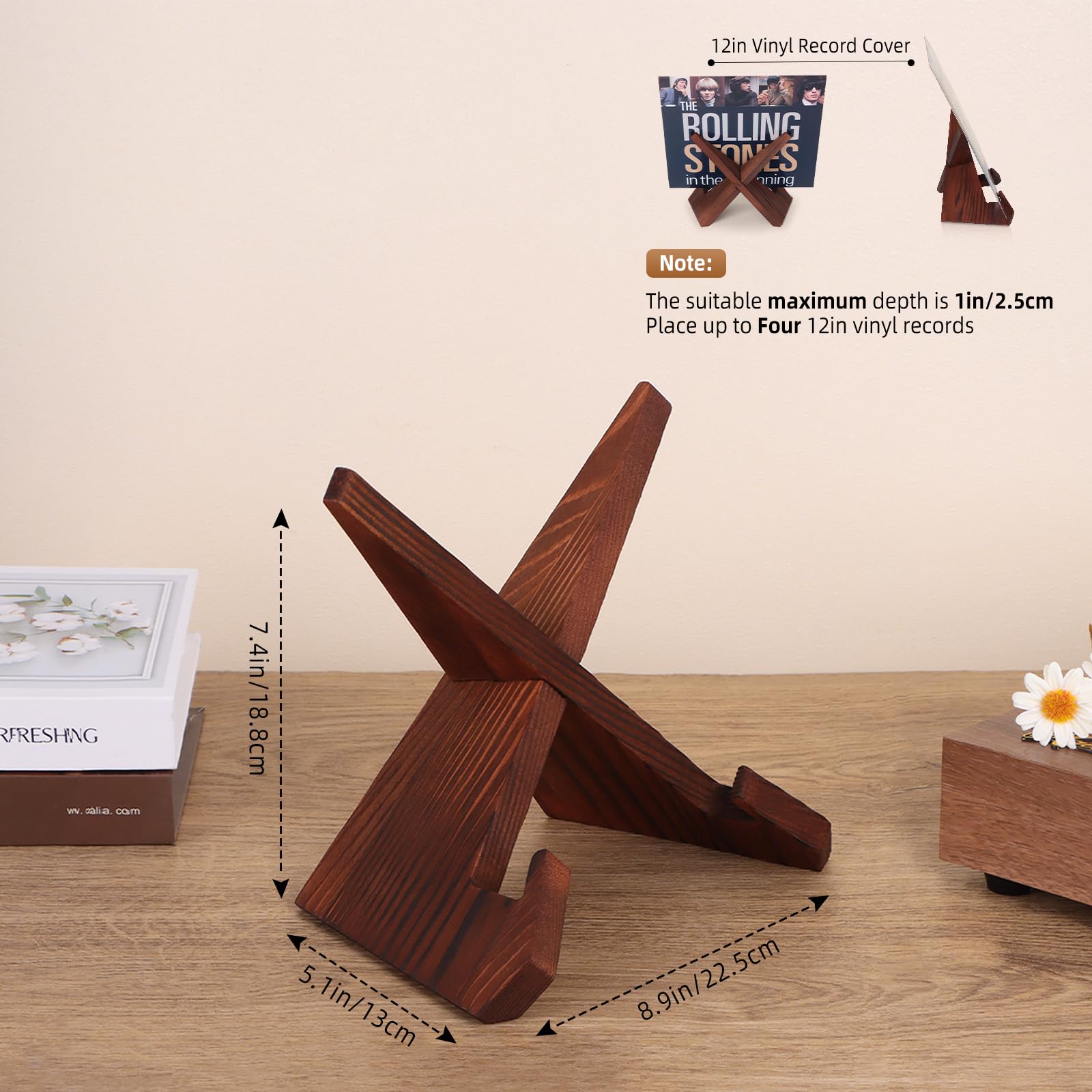 Puersi Now Playing Vinyl Record Stand, Wooden Display Vinyl Holder Stand, Retro Now Spinning Record Accessories   Rustic Brown