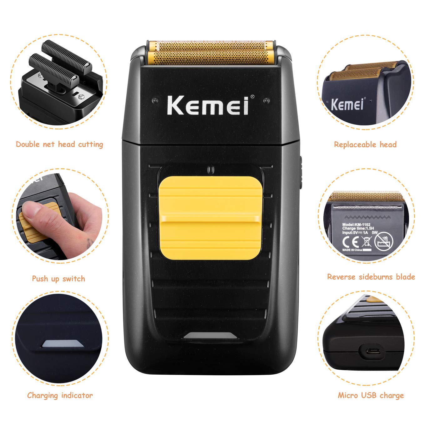 Kemei Foil Shaver Double Electric Shaver For Men, Professional Electric Razors Head Shaver For Bald Men, Barber Supplies Cordles