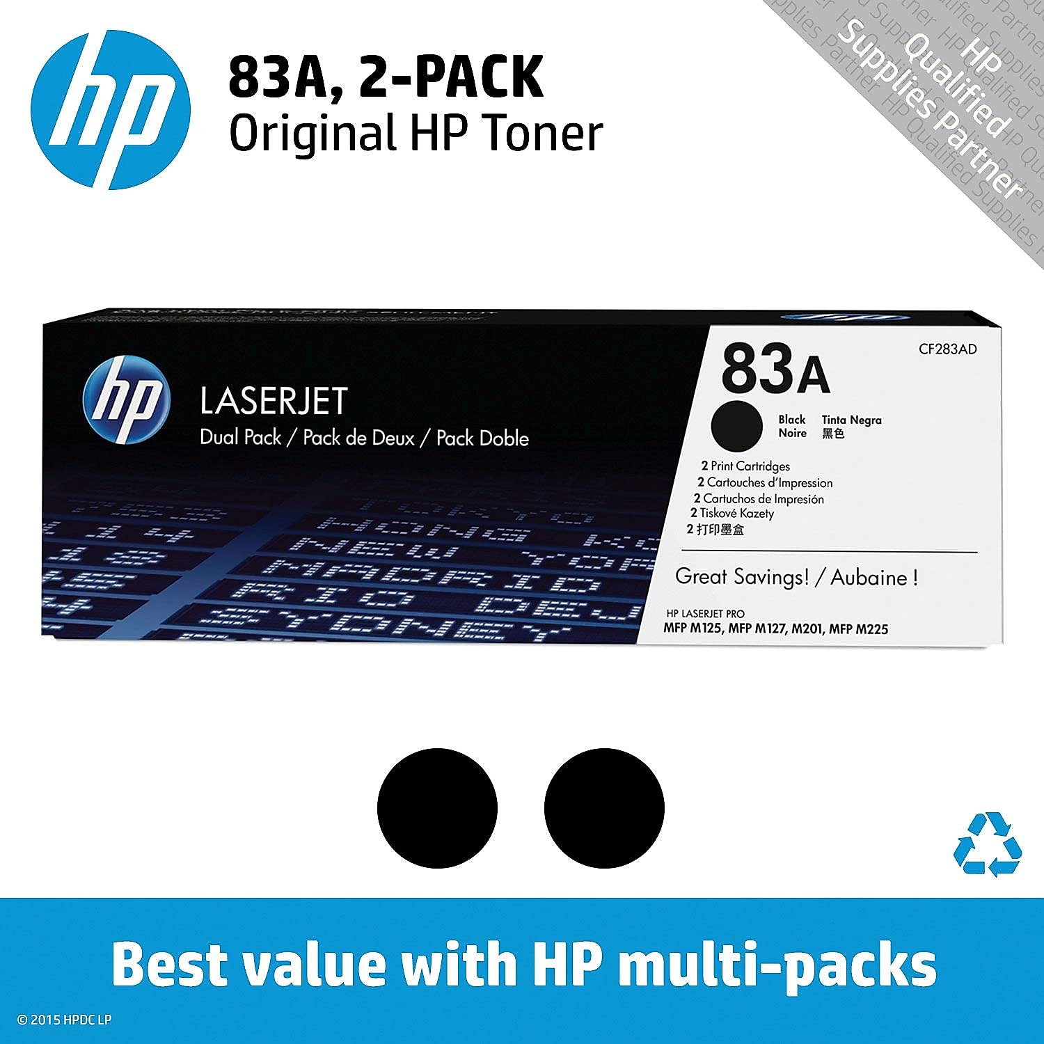 Hp 83A Black Toner Cartridges (2 Pack) | Works With Hp Laserjet Pro M201, Hp Laserjet Pro Mfp M125, M127, M225 Series | Cf283Ad