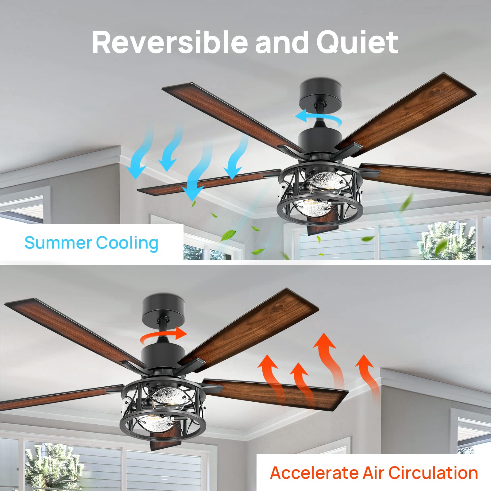 Consciot Ceiling Fan With Lights, 52 Inch Farmhouse Indoor Ceiling Fan With Remote, Quiet Reversible Dc Motor, 5 Double Finish W
