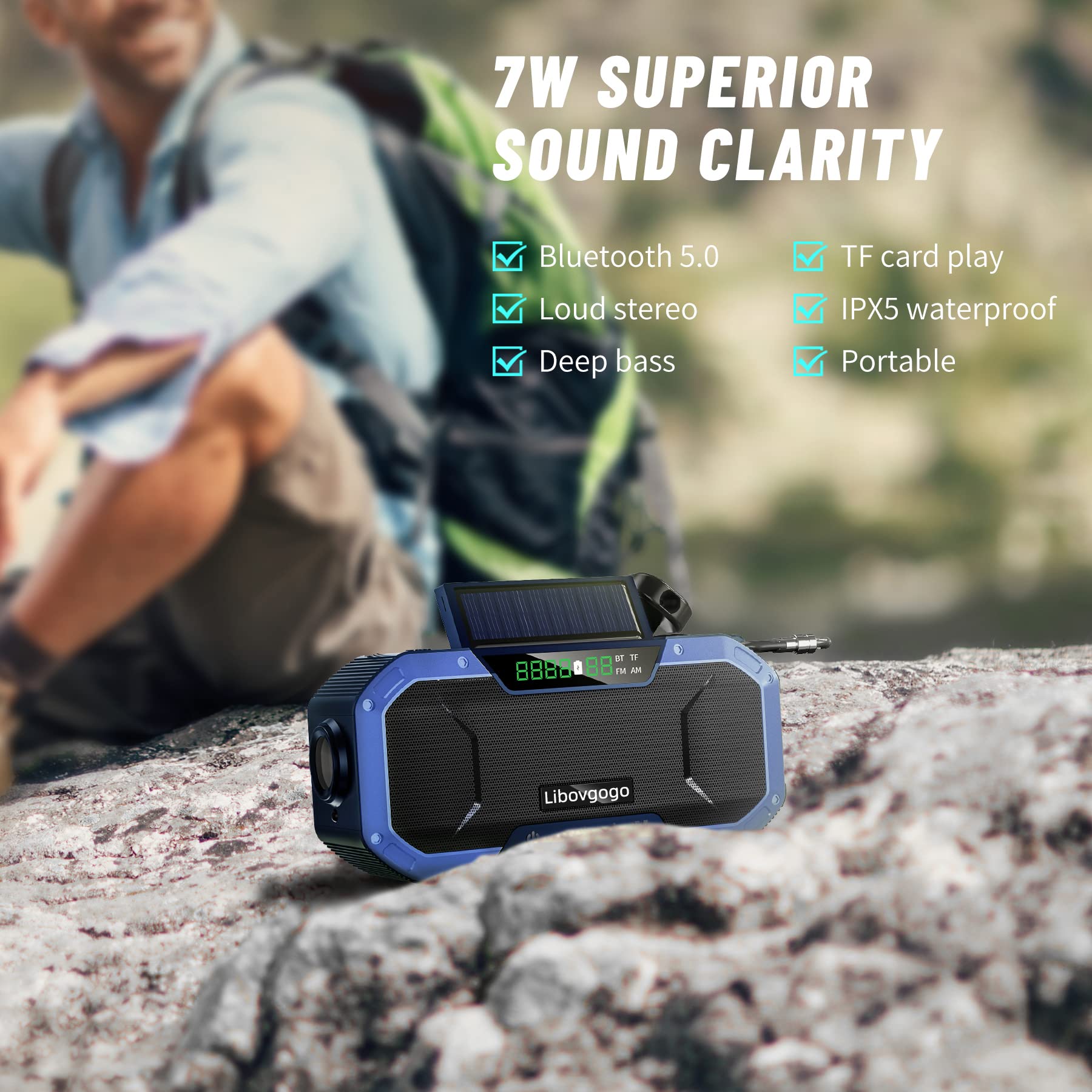 Emergency Radio Waterproof Bluetooth Speaker,Portable Digital Am Fm Radio With Flashlight,Reading Lamp,Hand Crank Noaa Weather R