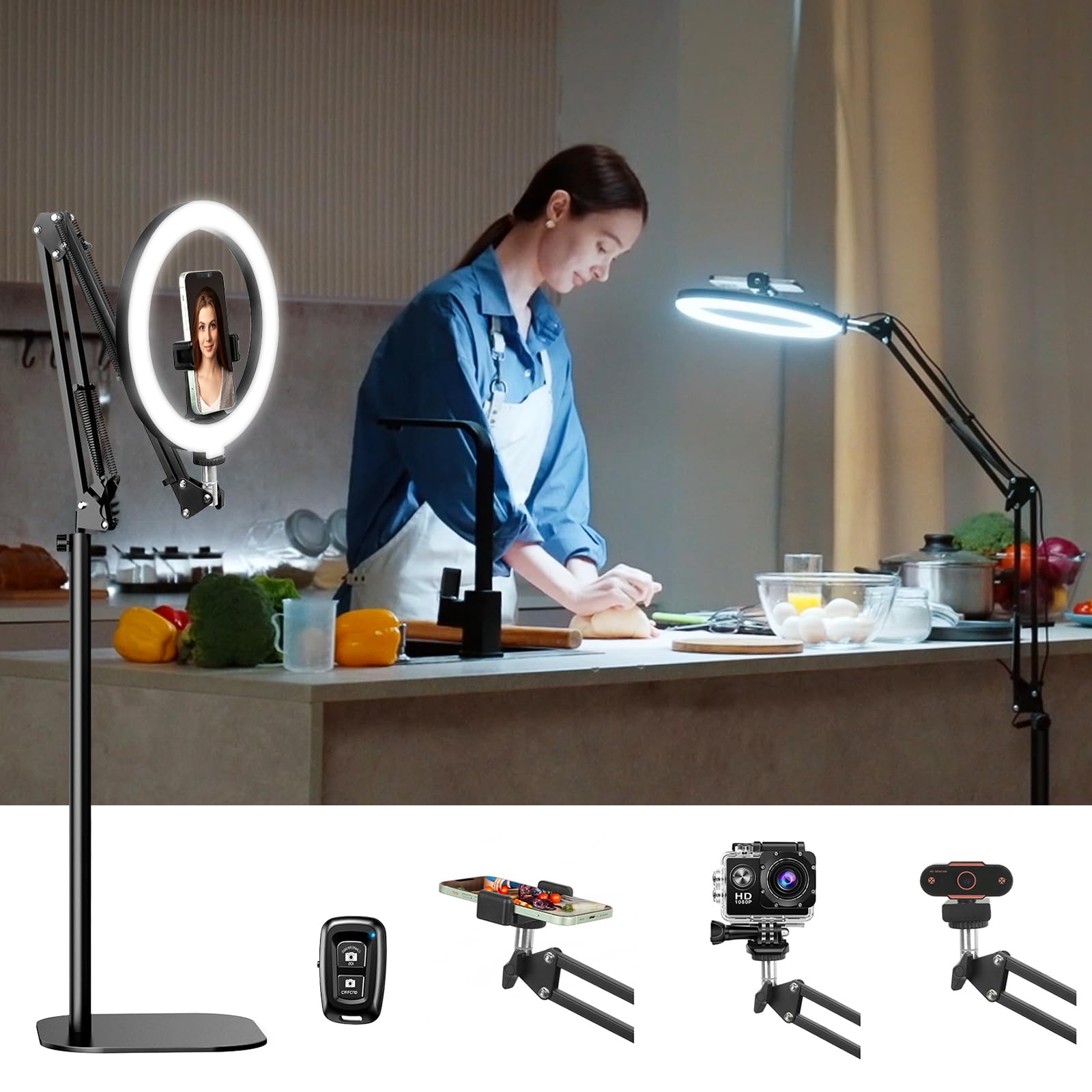 Latest Ring Light With Stand Tripod For Iphone, Overhead Phone Camera Mount With Ring Light And Phone Holder Stand For Recording
