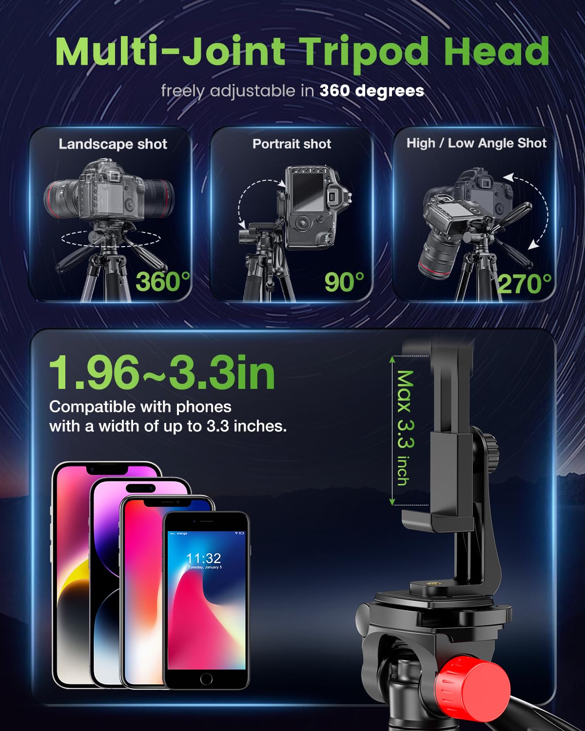 Cambofoto 74'' Camera Tripod, Porfessional Aluminum Heavy Duty Tripod Stand For Mirrorless Camera/Dslr/Cell Phone/Camcorder, Wit