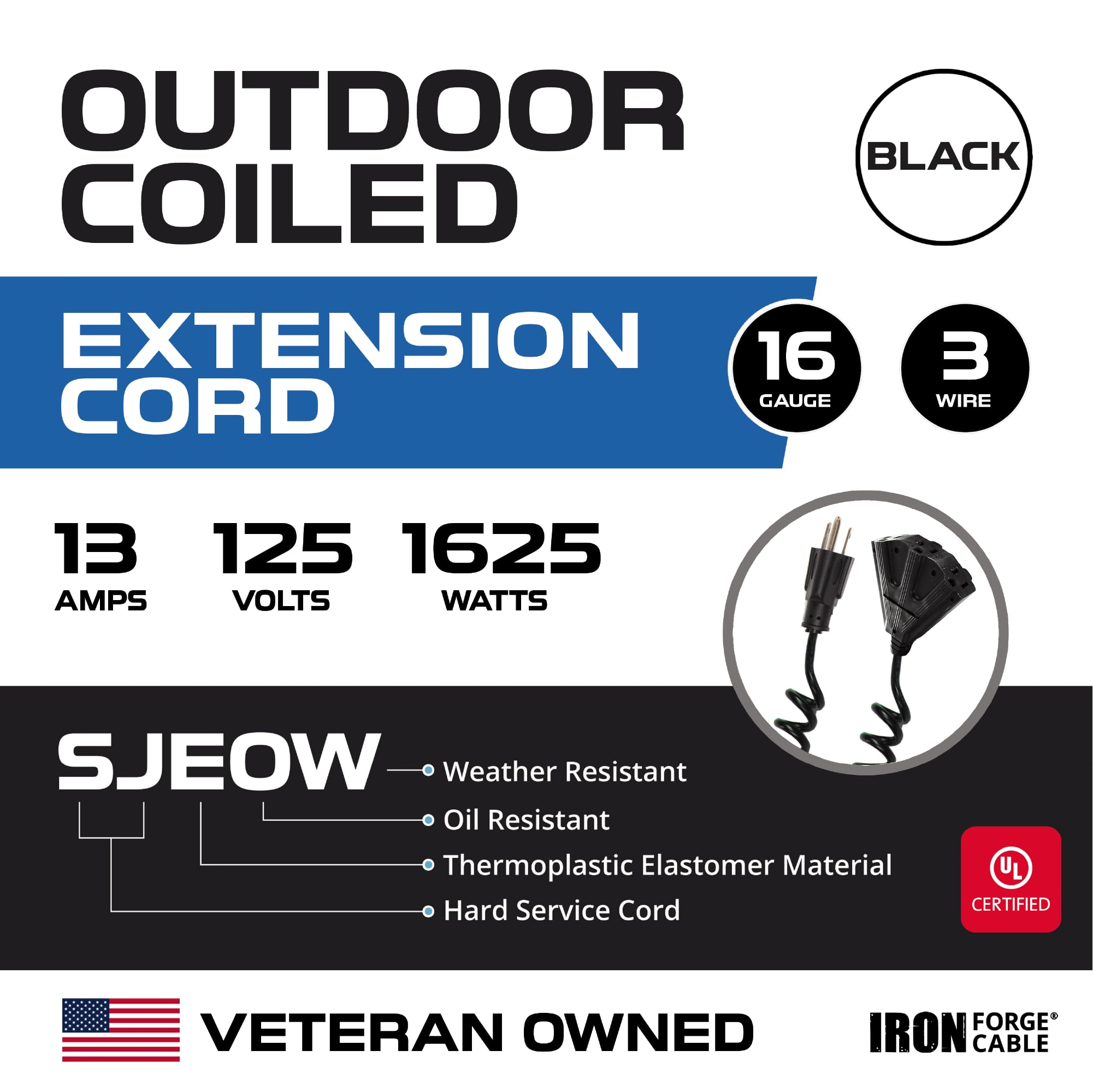 Iron Forge Cable 3 Outlet Black Outdoor Coiled Extension Cord 10 Ft, 16/3 Sjeow Oil Resistant & Flame Retardant Power Cord 13 Am