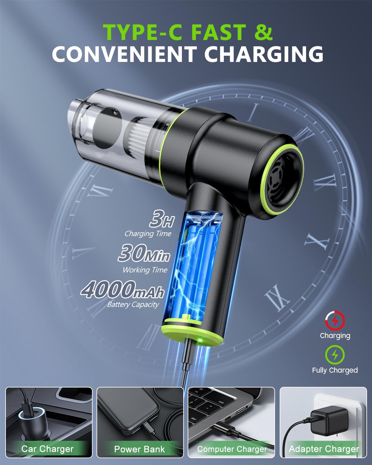 Codn Handheld Car Vacuum Portable Cordless 12000Pa, 2 In 1 Handheld Vacuum Cleaner And Air Duster With Multi Nozzles And Led Lig