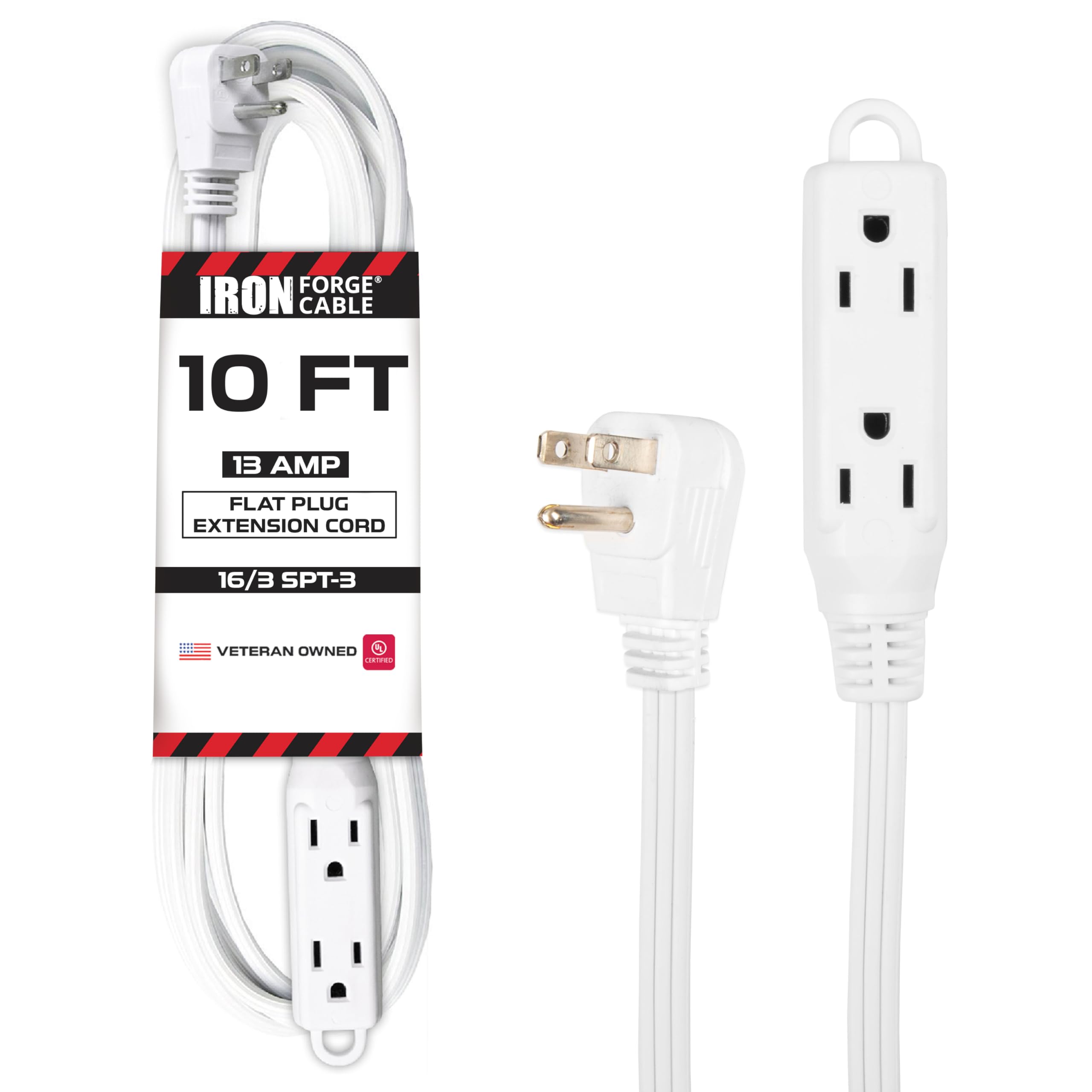 Iron Forge Cable 10 Ft Flat Plug White Extension Cord With 3 Outlets,16/3 Heavy Duty 3 Prong Indoor Extension Cord With Multiple