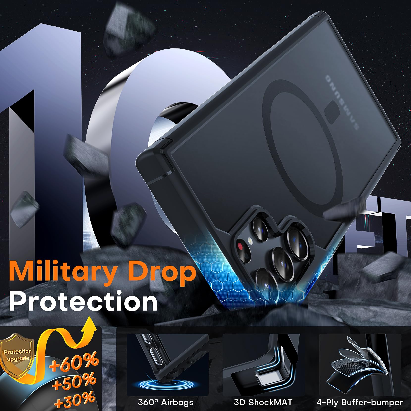 Tocol For Samsung Galaxy S22 Ultra Case Magnetic, [Wireless Charging Compatible ] [Military Drop Protection] Translucent Matte B