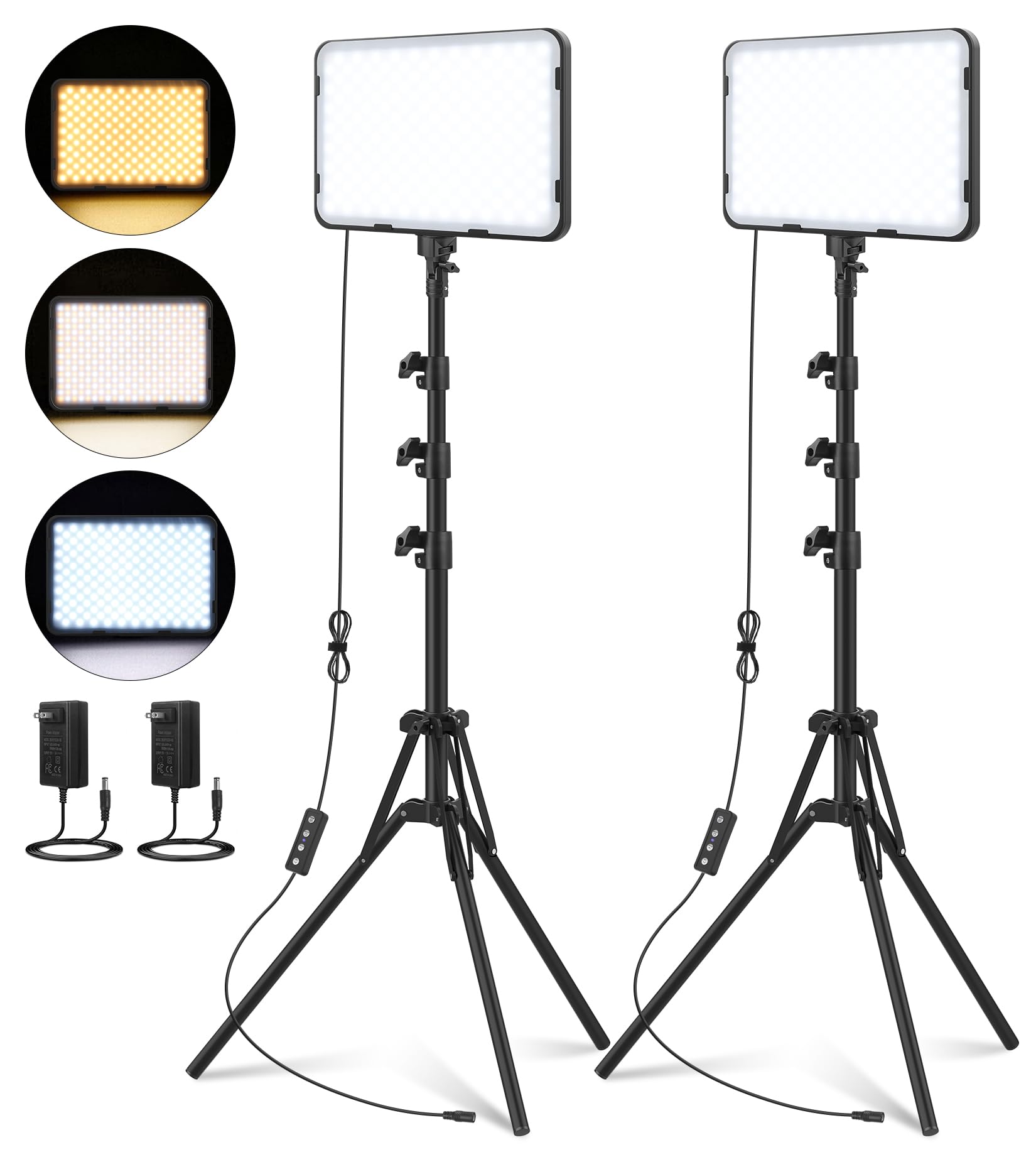 Unicucp 2 Pack Led Video Photography Lighting Kit 22W With 62.99 Inch Tripod Stand, 2500 8500K Studio Lights For Live Streaming/