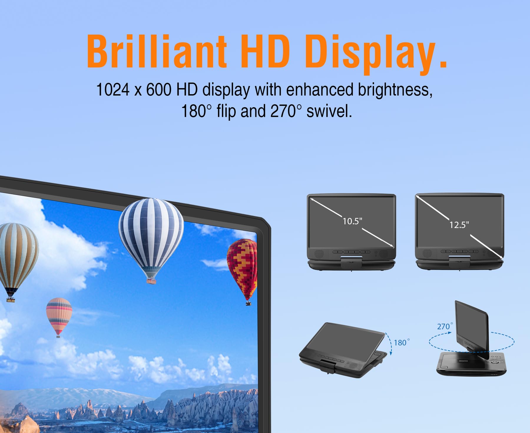 Megatek 12.5'' Portable Dvd Player With 10.5'' Hd Swivel Screen, Upgraded 6 Hour Rechargeable Battery, Play Cd/Dvd/Usb/Sd Card,