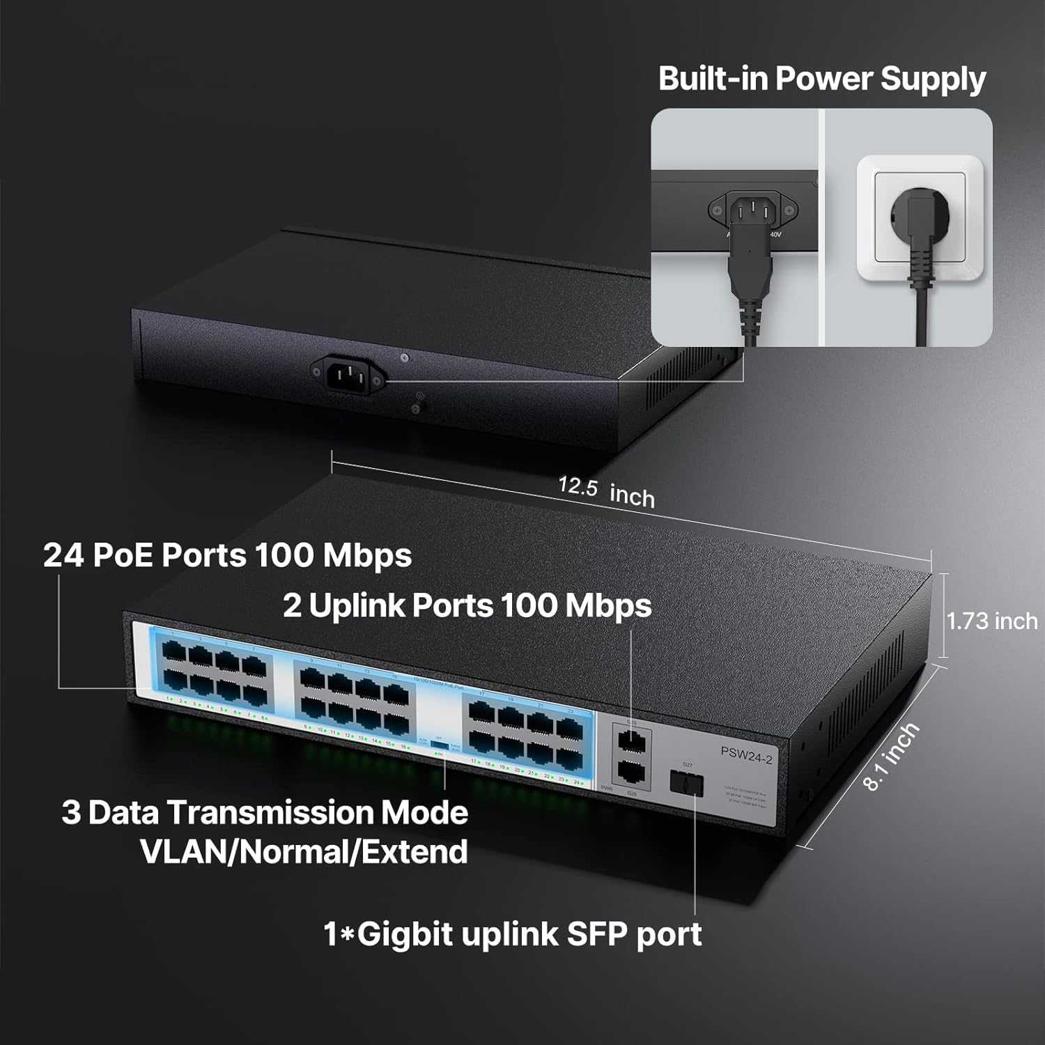 24 Port Poe Switch,10/100Mbps Poe+ Ethernet Switch Unmanaged With 2 Gigabit Uplink Ports,1 Sfp Port Up To 30W Per Port, Total Bu