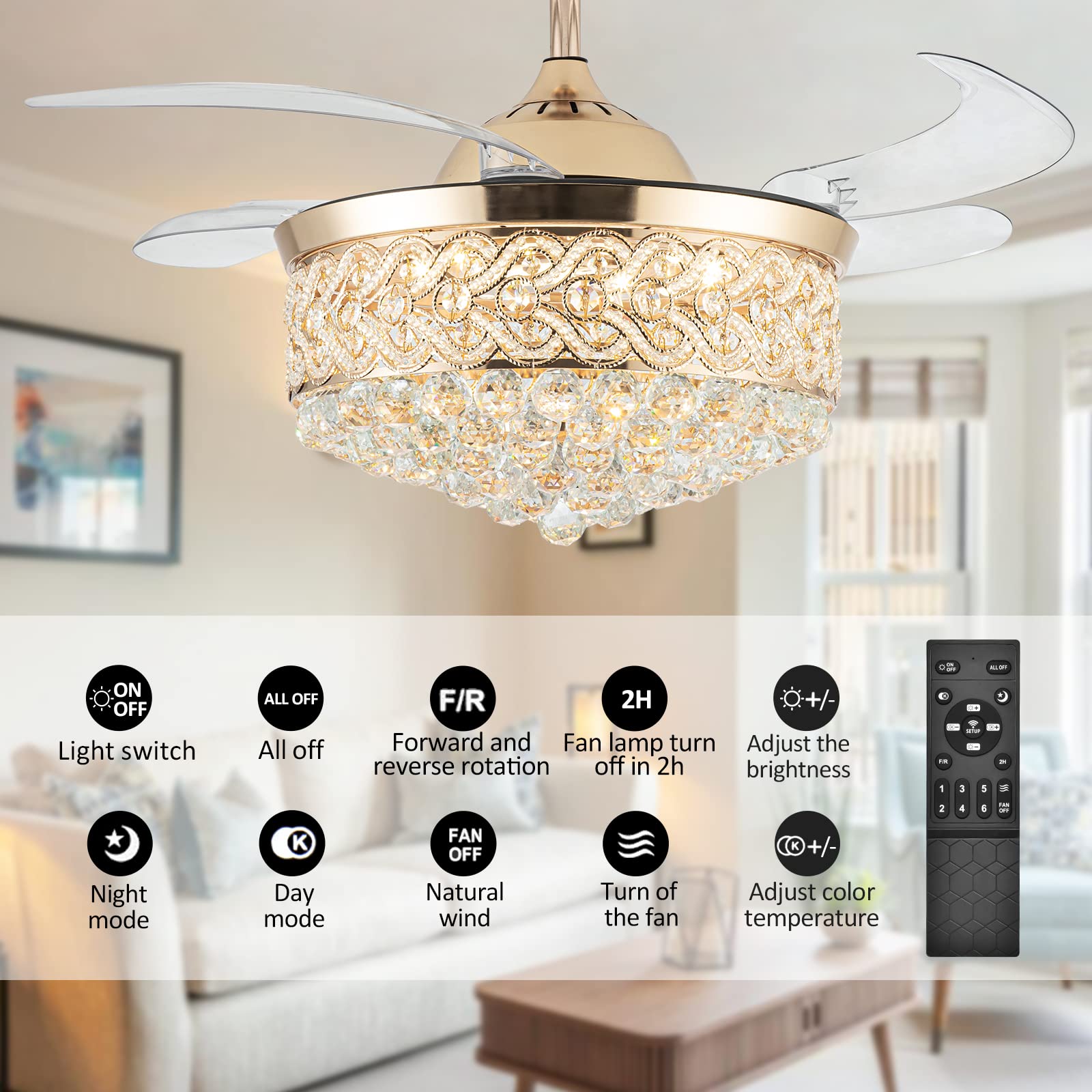 42'' Ceiling Fans With Lights And Remote, Modern Retractable Invisible Chandelier Ceiling Fan Light With 4 Retractable Abs Blade