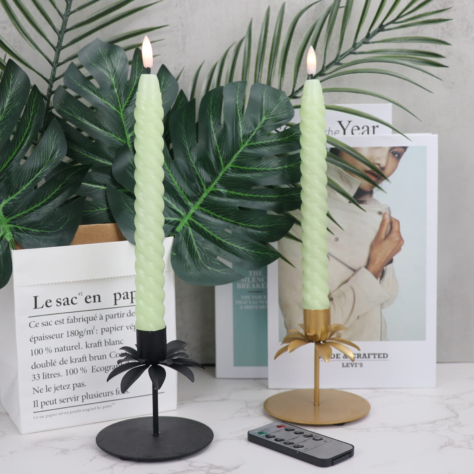Lasumora Easter Taper Candles Green Pastel Flameless Flickering With Remote Timer, Battery Operated Warm 3D Wick Led Spiral Cand