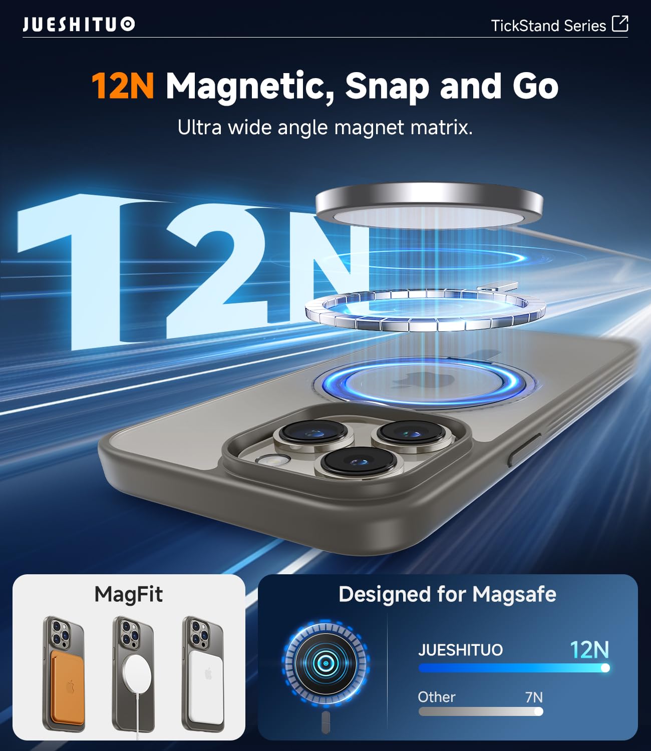 Jueshituo For Iphone 15 Pro Max Case: 360Rotatable Magnetic Stand & Ring Holder With Rotary Damping Sound, Fit For Magsafe, Mili