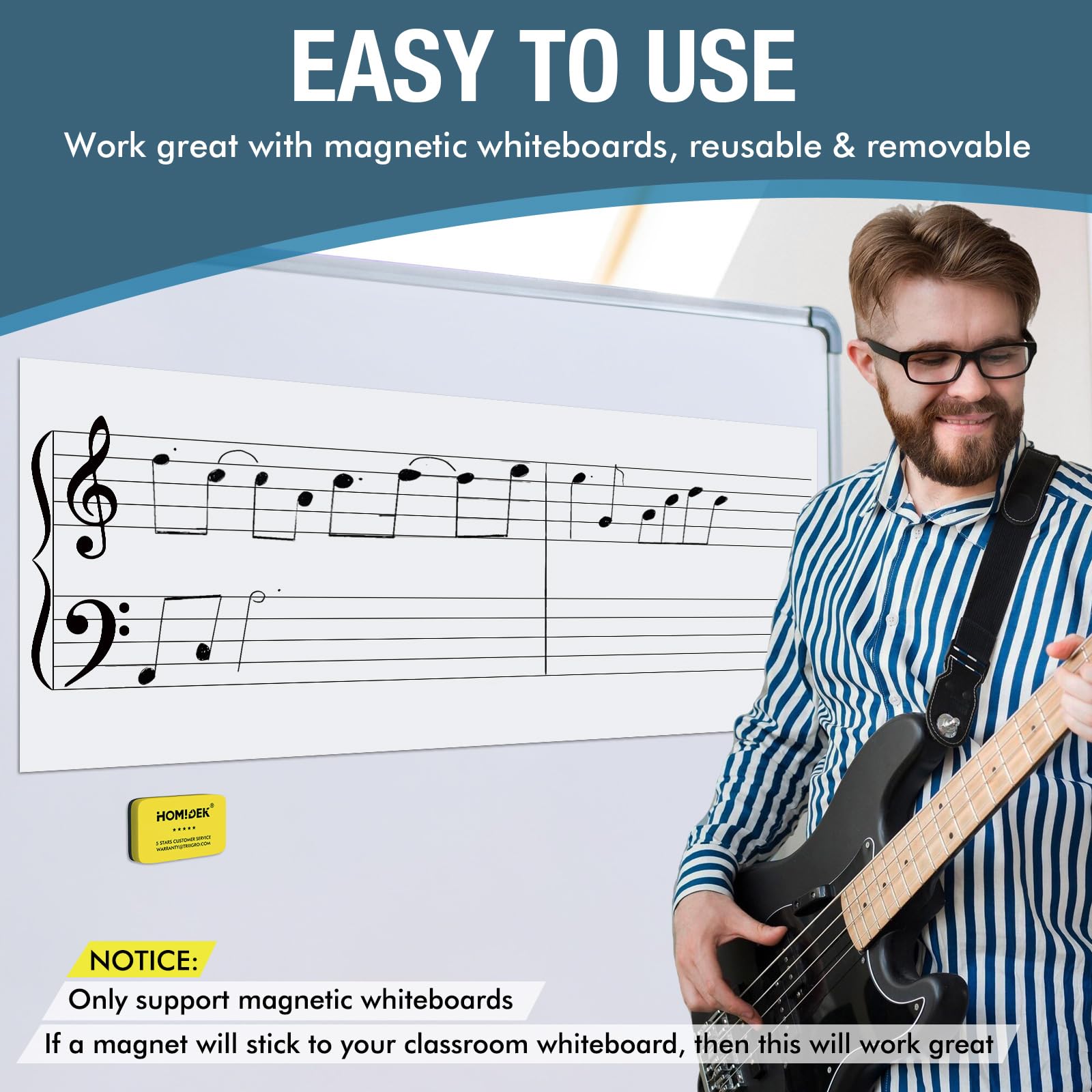 Homidek Large Magnetic Backing Dry Erase Music Staff Whiteboard Sheet, 47  X 17.5  Grand Staff Magnet With 23.5  X 6  Piano Keyb