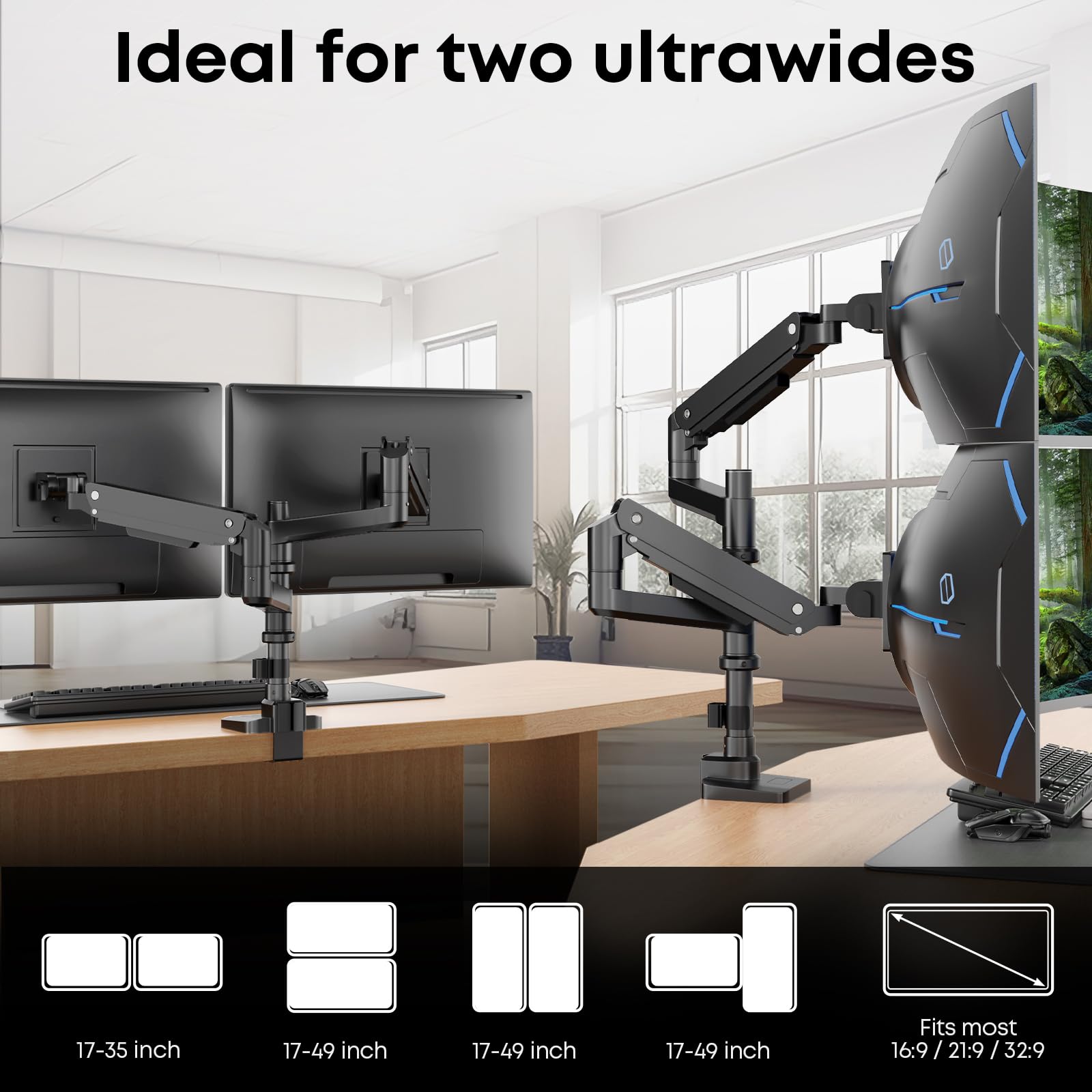 PUTORSEN 17 49 inch Premium Aluminum Heavy Duty Dual Monitor Arm for Ultrawide Screens up to 44lbs, Vertical Stacked Dual Monitor Desk Mount, Full Motion Dual Vertical Monitor Mount, VESA 75/100,Black