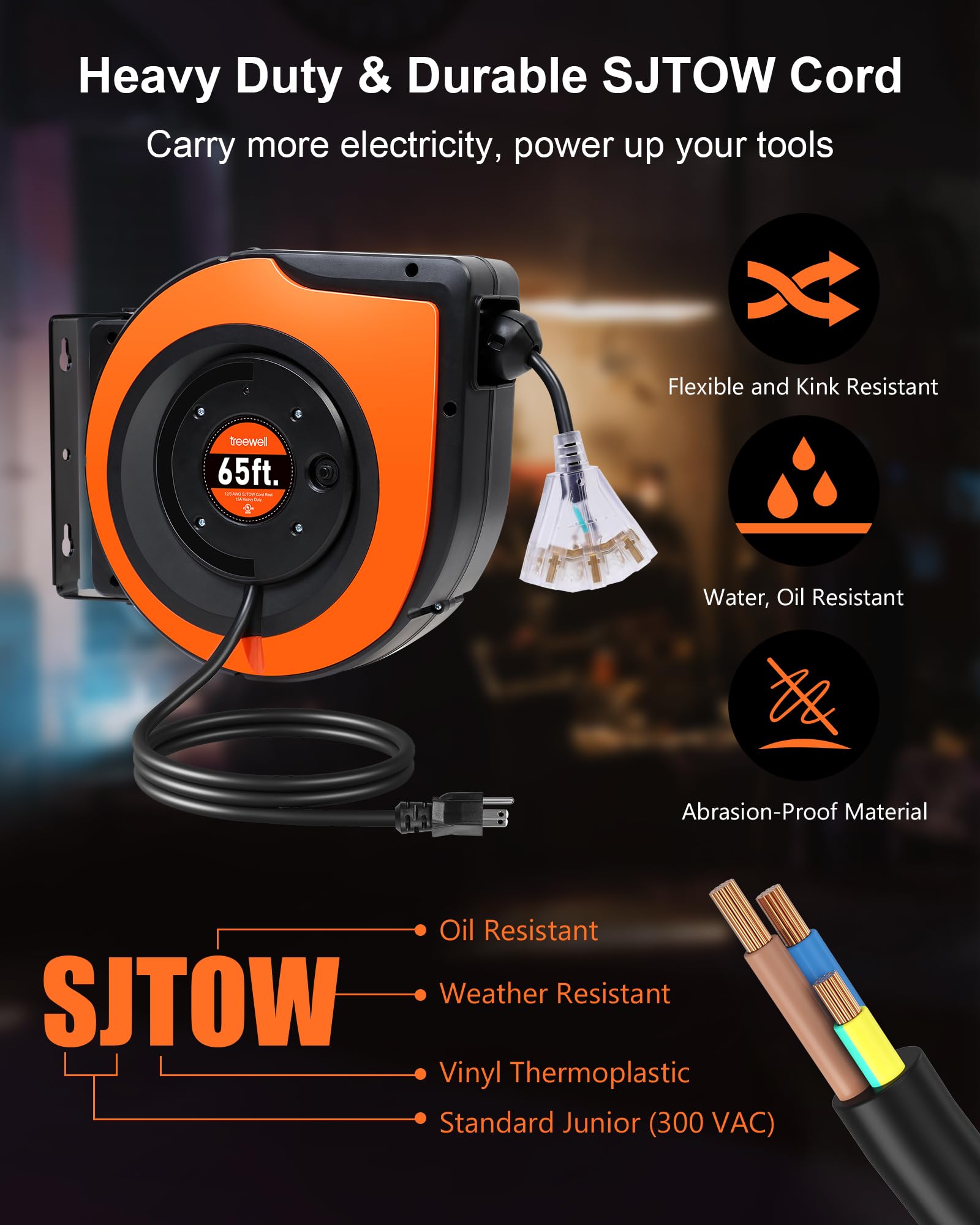 Treewell 65Ft Retractable Extension Cord Reel, 12Awg/3C Sjtow Heavy Duty Power Cord With Lighted Triple Tap Outlet, 15A Circuit