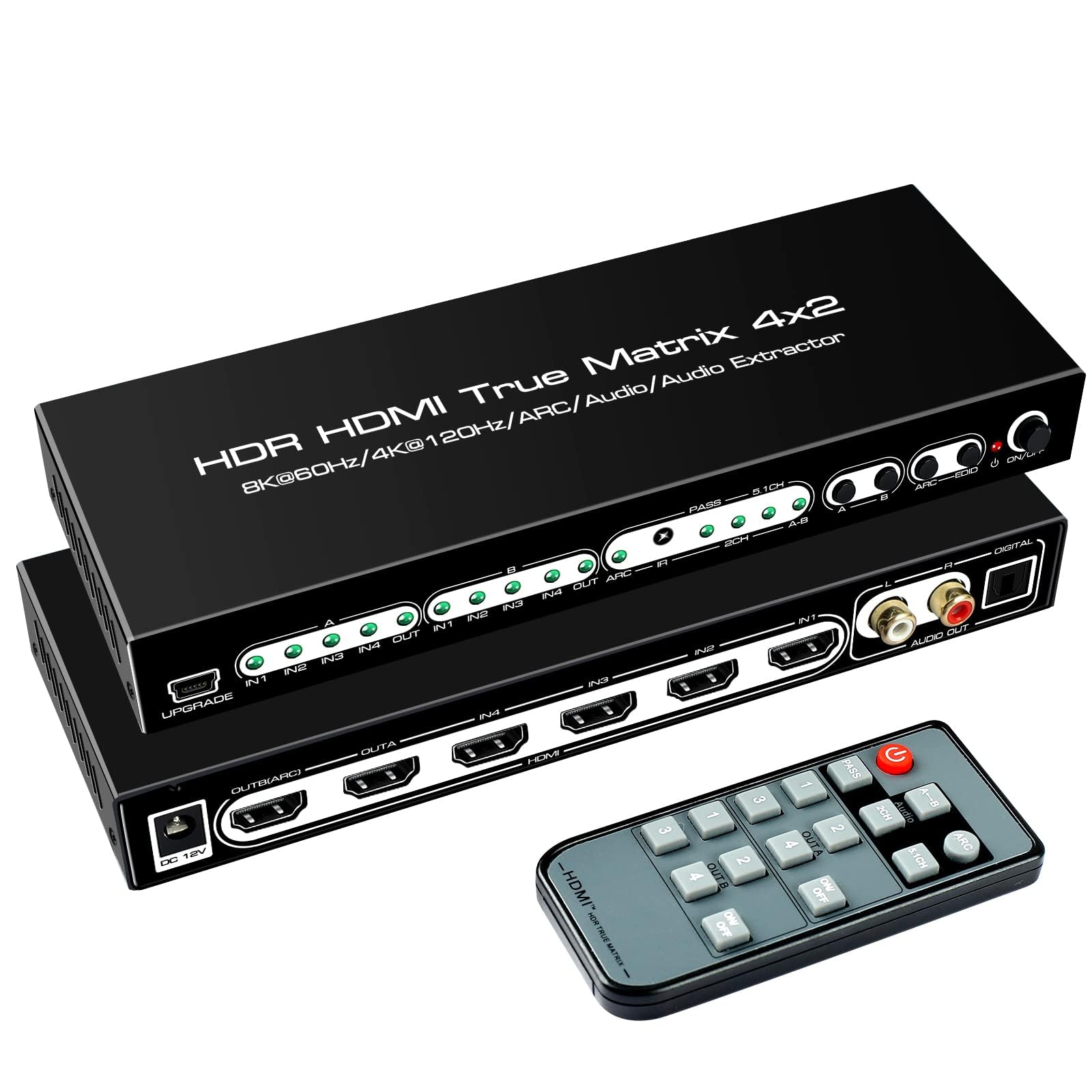 Ferrisa 8K 4X2 Hdmi Matrix 4 In 2 Out Hdmi 2.1 Matrix Hdmi Video Switcher Splitter +Optical & L/R Audio Output,Support 4K 120Hz,Hdr10 Hdcp2.3 Dol By Vision Atmos Spdif 5.1Ch Arc Cec With Ir Remote