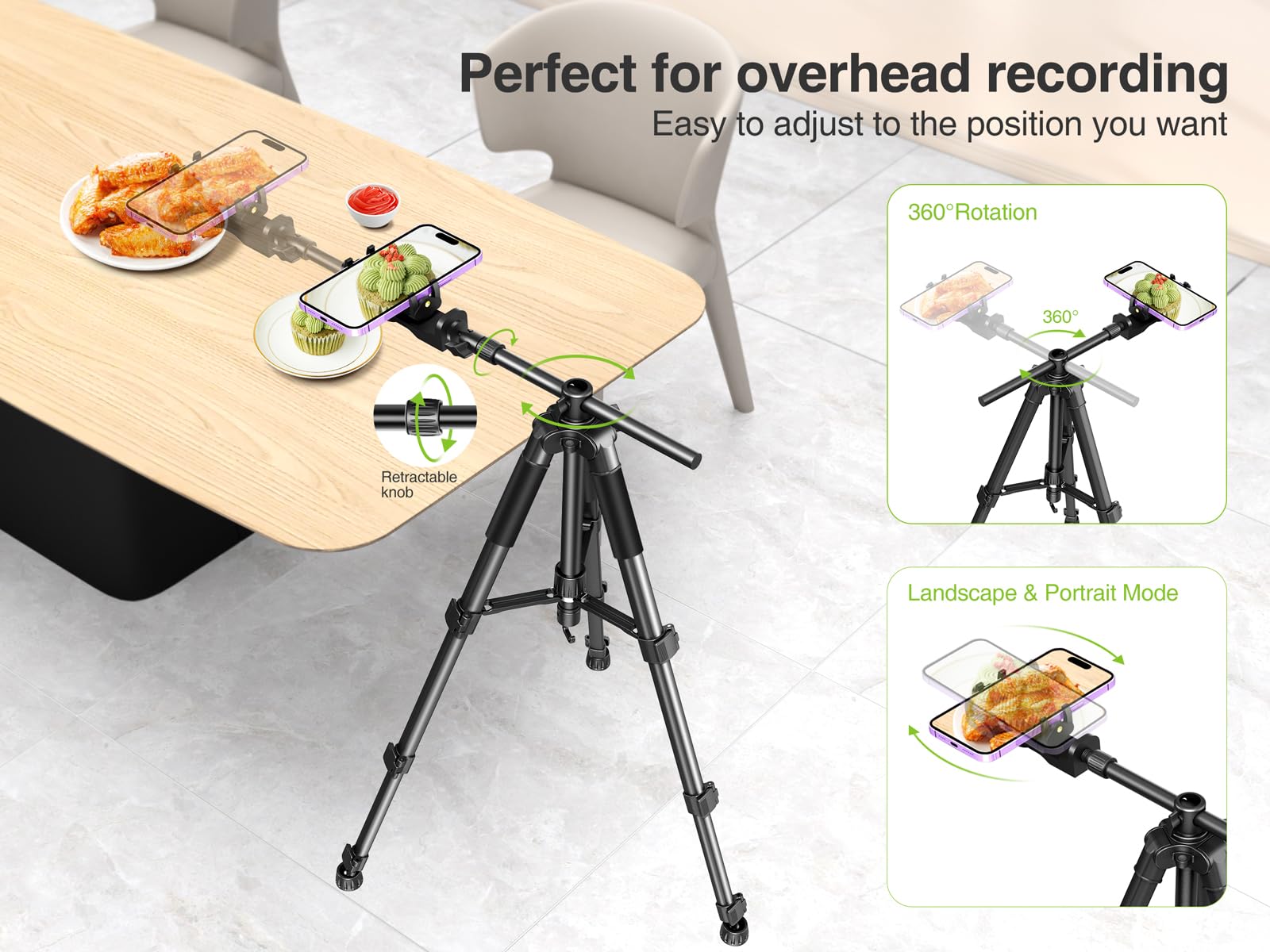 Elitehood Ultra-Stable Overhead Tripod For Iphone - Heavy Duty Aluminum Iphone Tripod Stand, 360Adjustable & 25In Horizontal Lon
