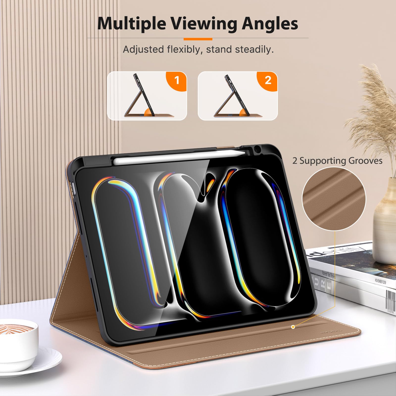 MoKo Case for iPad Pro 11 Inch M4 2024 (5th Generation) with Pencil Holder & Pocket, Built in Hand Strap, Multi Angle Viewing, Premium PU Leather Folio Cover for iPad Pro 11 2024, Denim Blue & Brown
