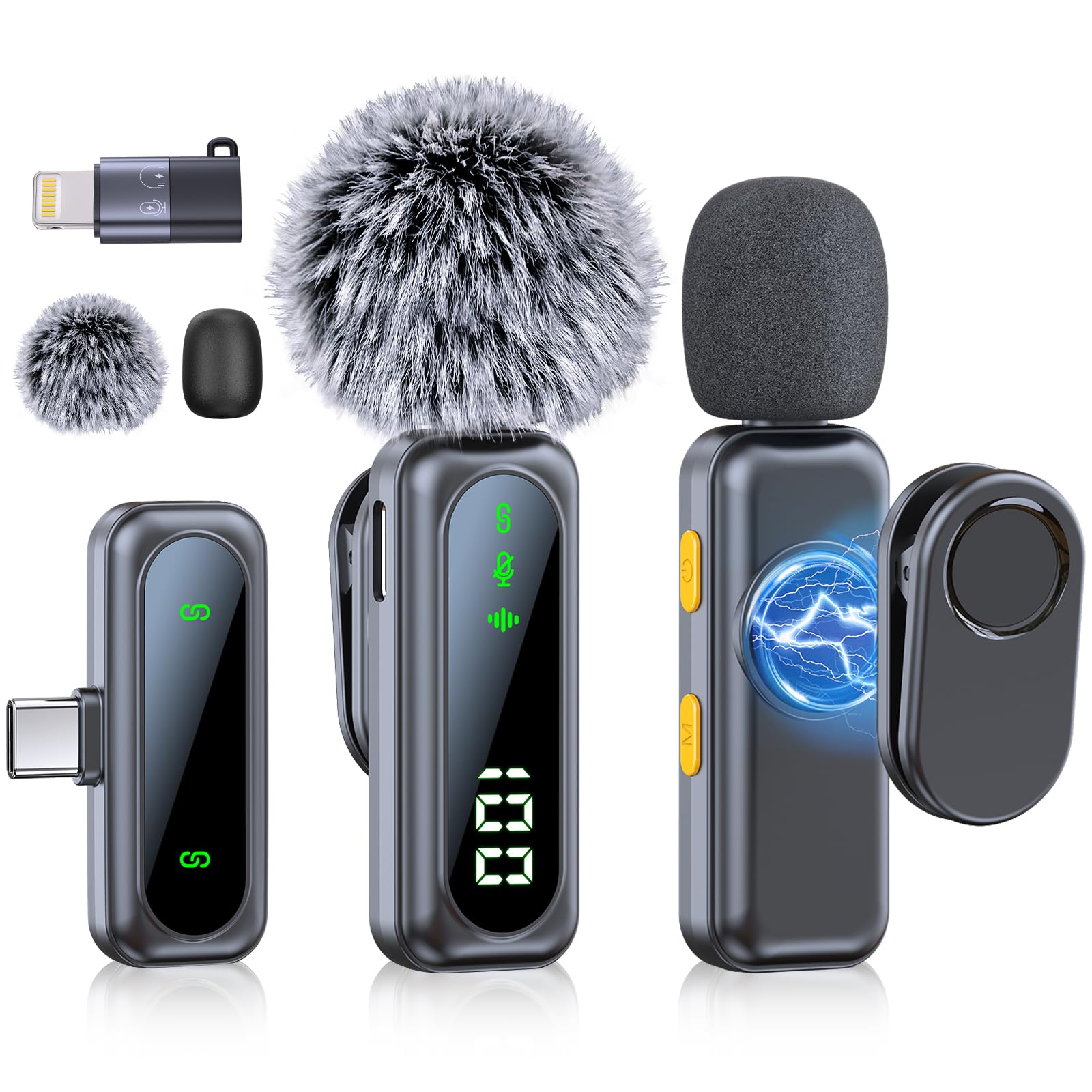 Utsund Mini Microphone for iPhone 15 16/iOS/Android Devices, LED Display Wireless Microphones for Video Recording, Lavalier Micr