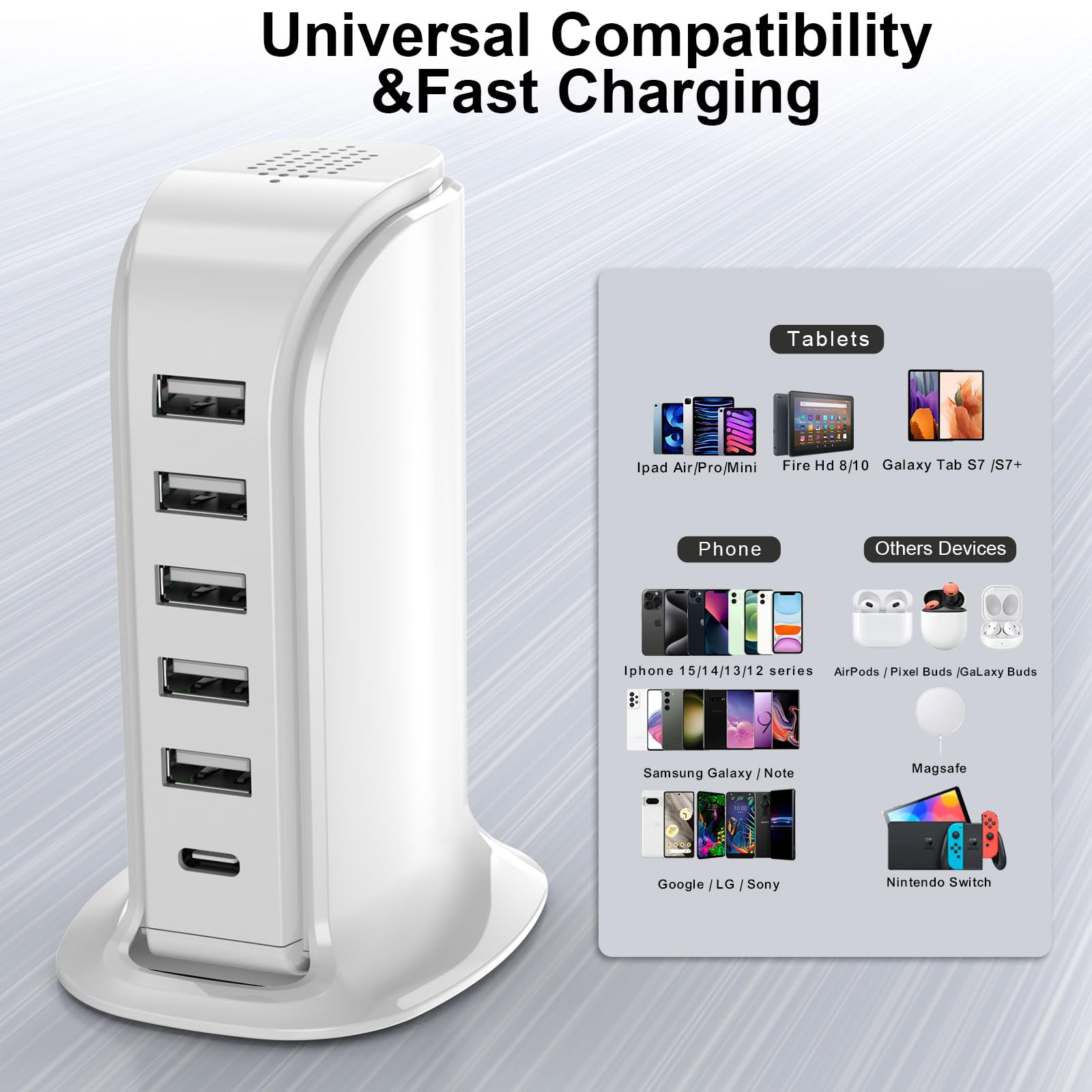 Charging Station For Multiple Devices Upoy, Multi Usb Tower Hub With 5 Usb+1 Type C Ports, Usb C Charger Block Fast Charging For