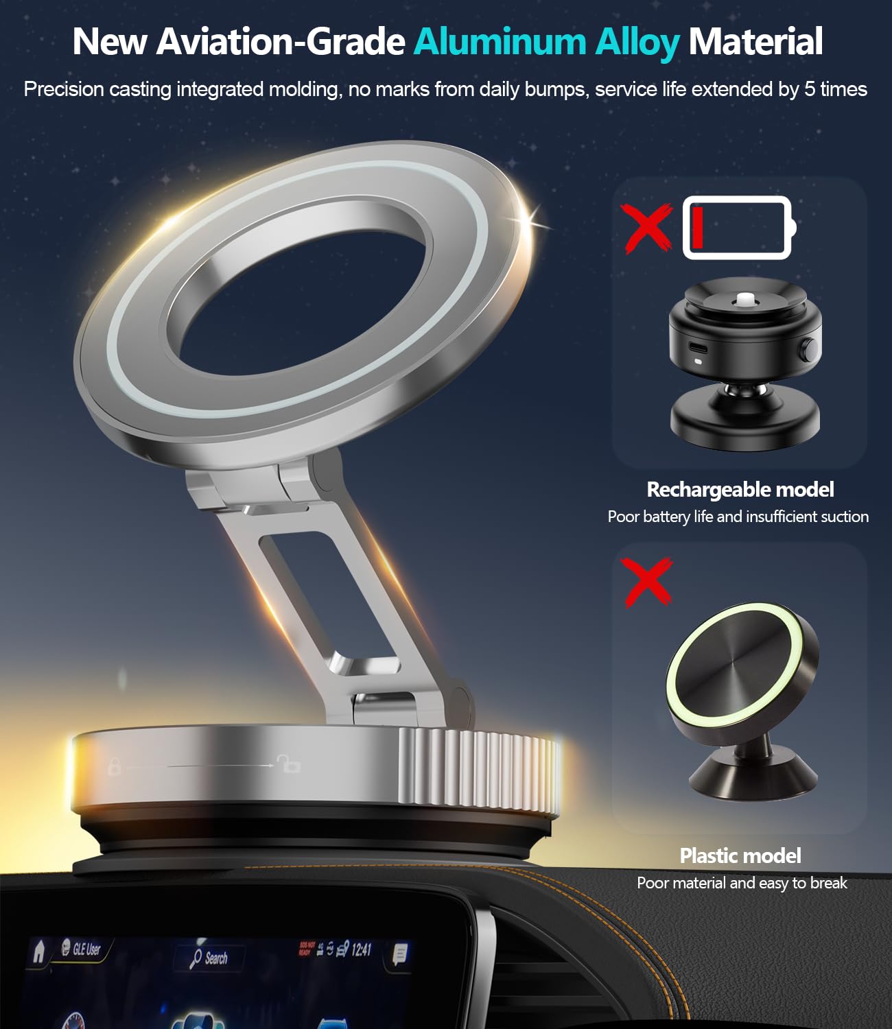 Cloudvalley Magnetic Car Phone Holder - Vacuum Suction Cup Phone Mount 360 Adjustable, Durable Metal Stand For Iphone & Android,