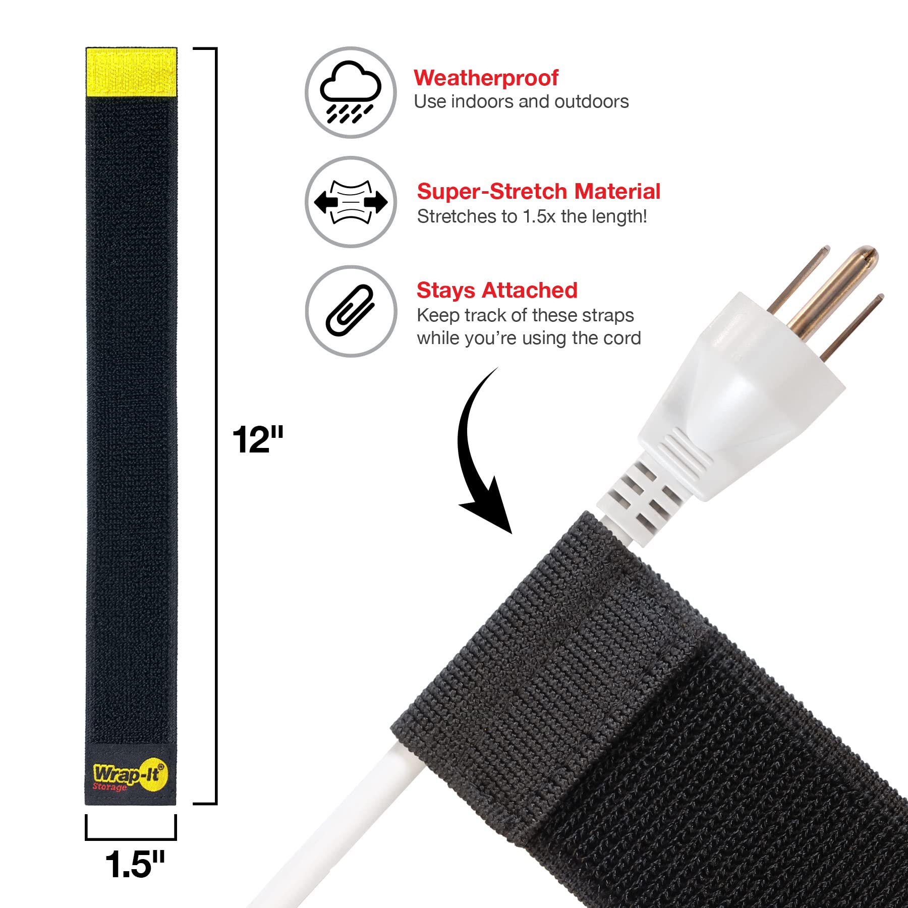 Selfie Straps By Wrap It Storage, 12 Inch (8 Pack), Black   Stretchy Hook And Loop Cord Organizer That Stays Attached To Cord Fo