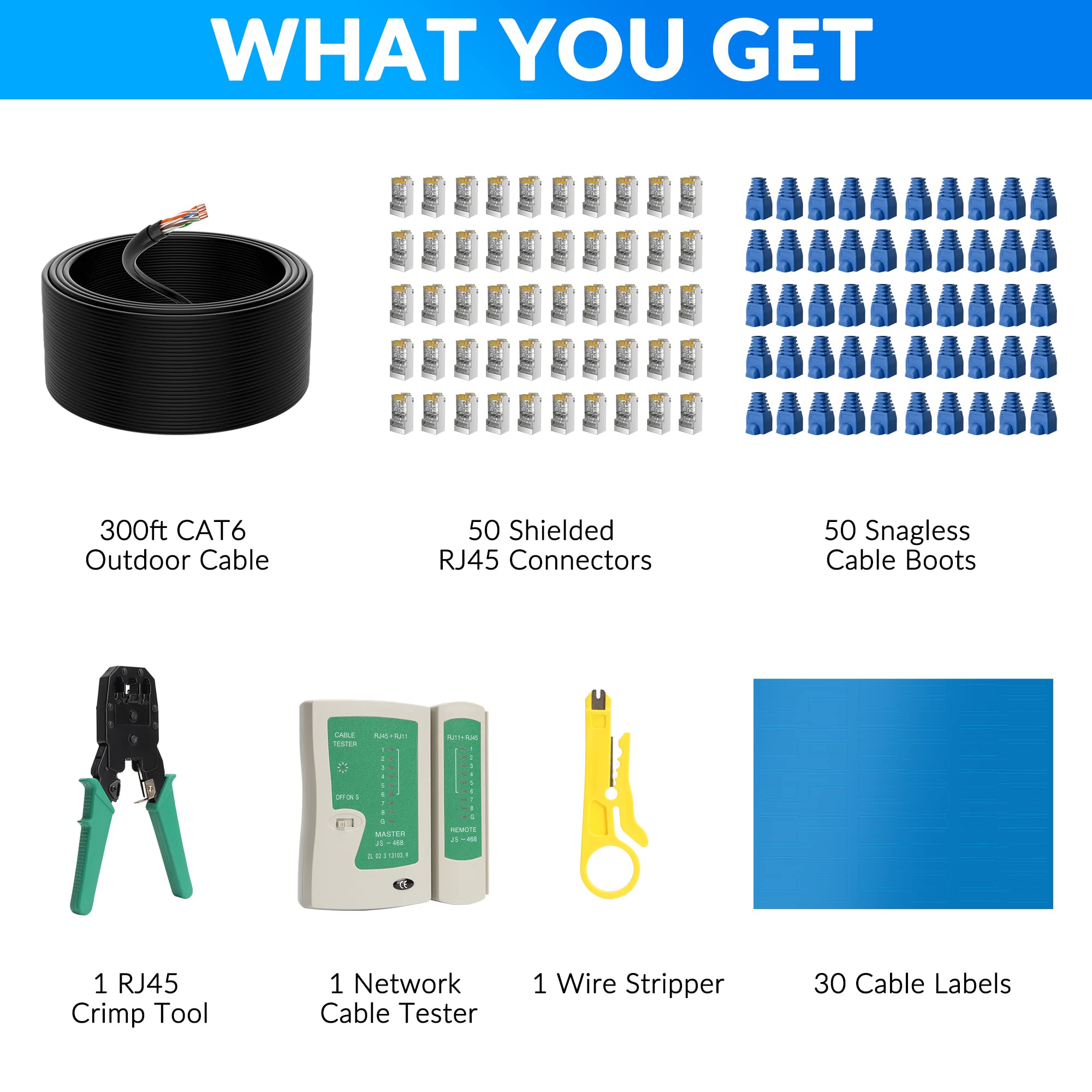 Cat6 Outdoor Ethernet Cable 300 Ft With Tool Kit, Heavy Duty Network Internet Diy Bulk Cord, Support Cat 6 Cat5E Cat5, Utp, Cca,