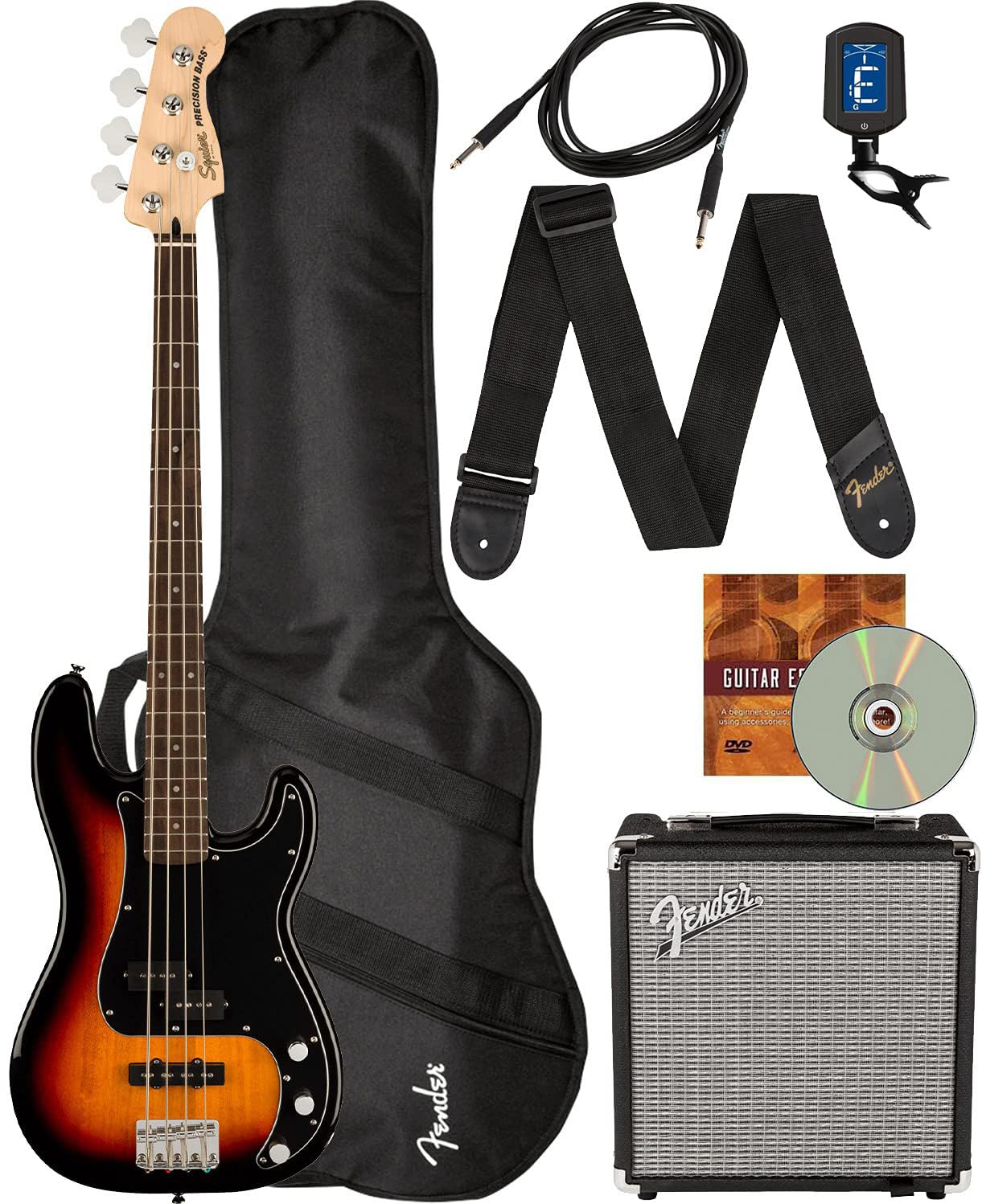 Fender Squier Affinity Precision Bass PJ - 3-Color Sunburst Bundle with Rumble 15 Amplifier, Instrument Cable, Gig Bag, Tuner, S