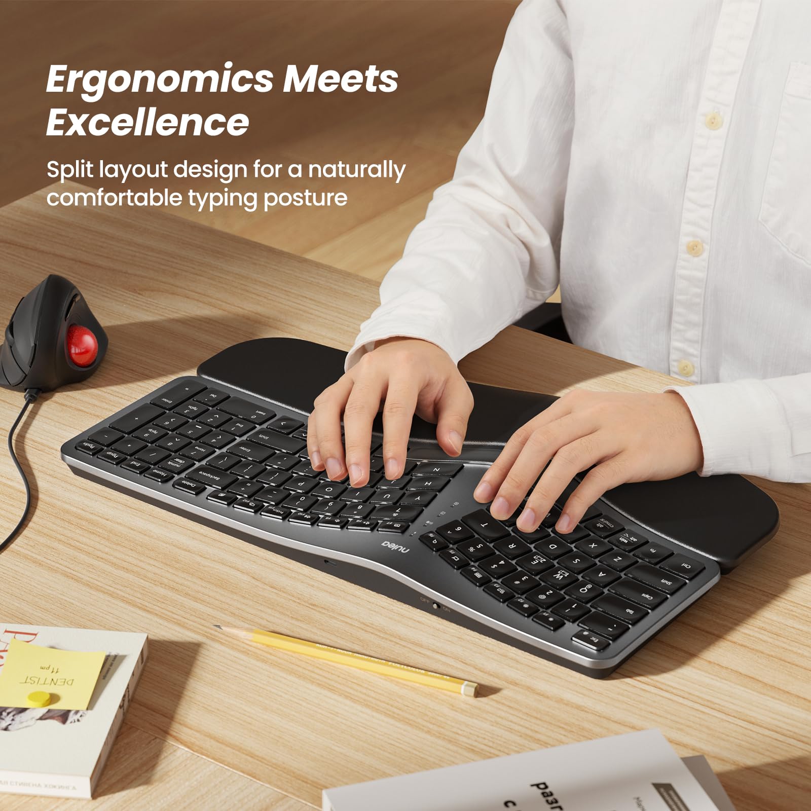 Nulea RT05 Wireless Ergonomic Split Keyboard with Wrist Rest, USB-C, 7-Color Backlight, Bluetooth & USB, Silver