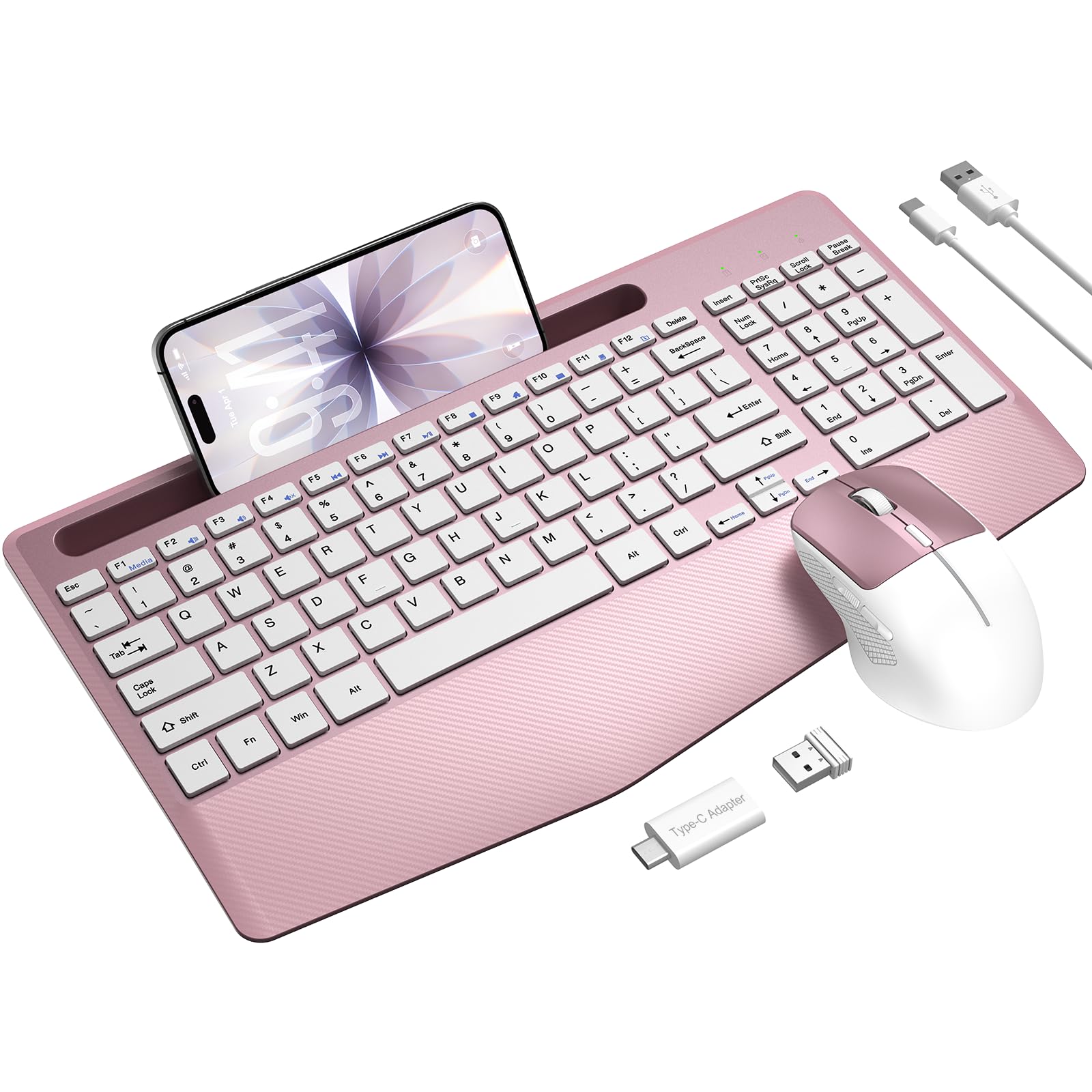 Rechargeable Silent Wireless Keyboard and Mouse Combo, Ergonomic Wrist Rest & Phone Tablet Holder, USBC Adapter Included, 2.4G 