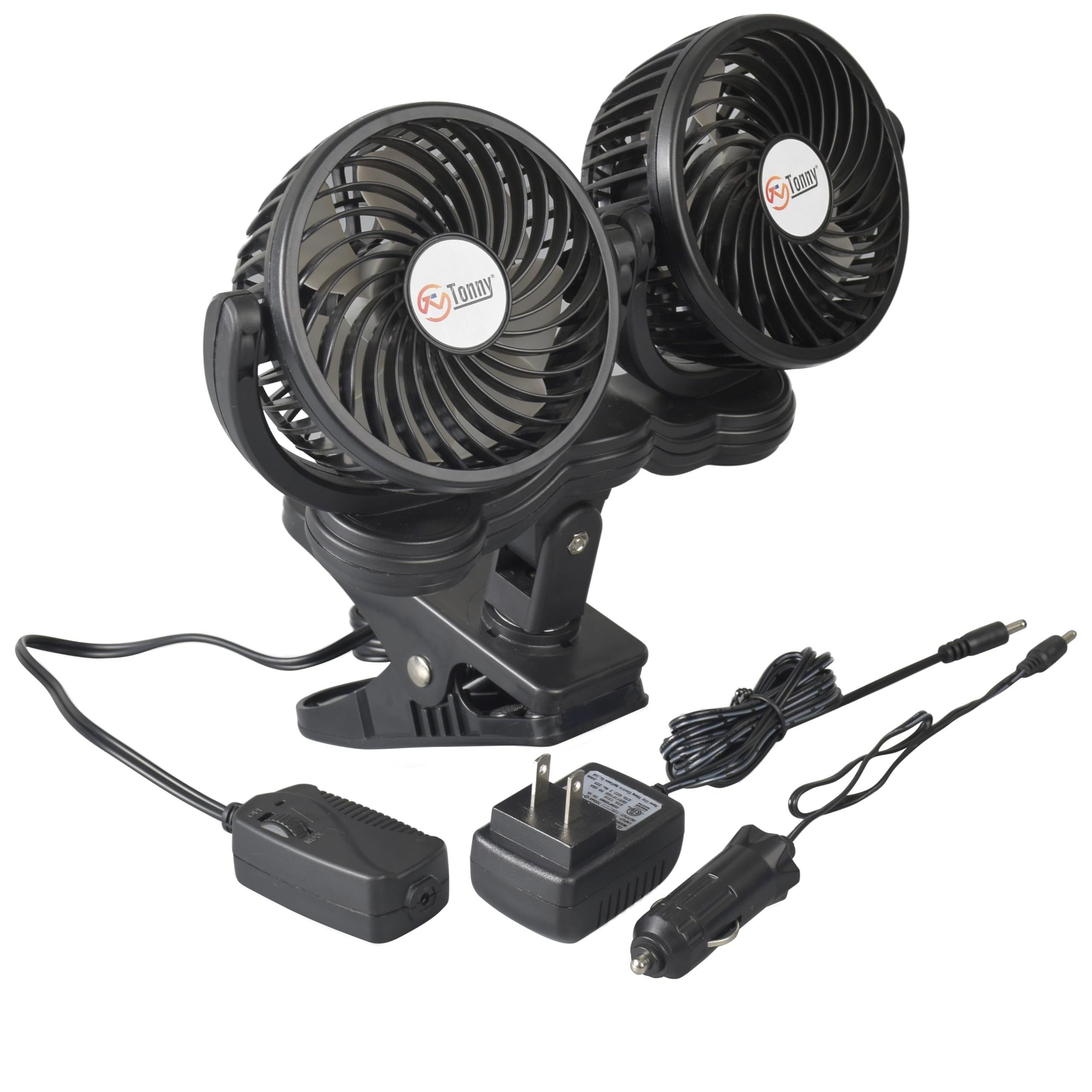 Brushless Motor Dual Head Clip Fan, Dc 12V Ac 110V 4 Inch Clip On Fan For Car And Home, 7 Blades Air Cooling Dual Head Fan With