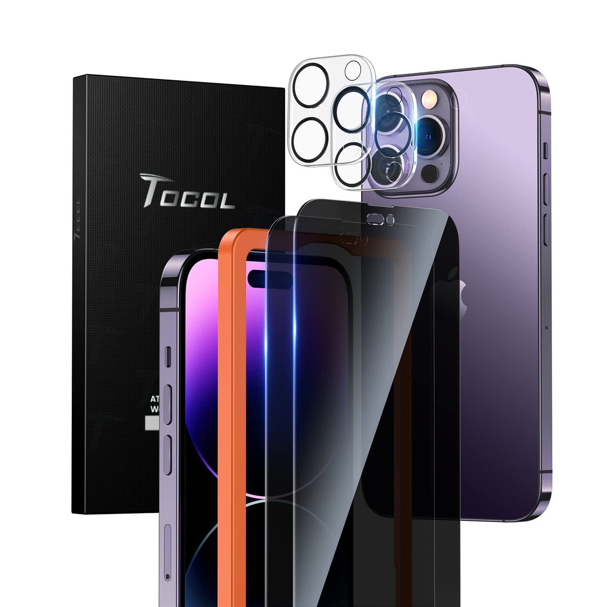 Tocol 4 Pack For Iphone 14 Pro Max Privacy Screen Protector 6.7''  2X Privacy Tempered Glass Screen Protector & 2X Camera Lens P