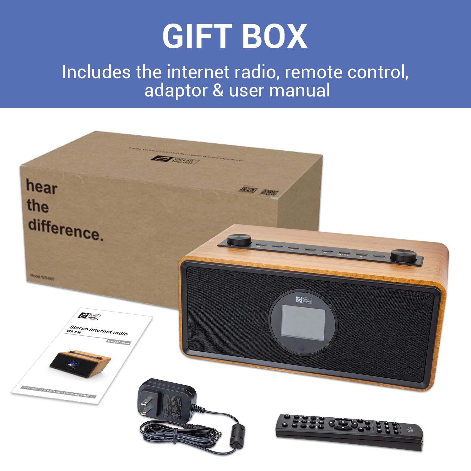 Ocean Digital Wr-860 Fm Wi-Fi Internet Radio With Stereo Speakers, Alarm Clock, Sleep Timer, Line Out, Aux In, Stress Relief, Re