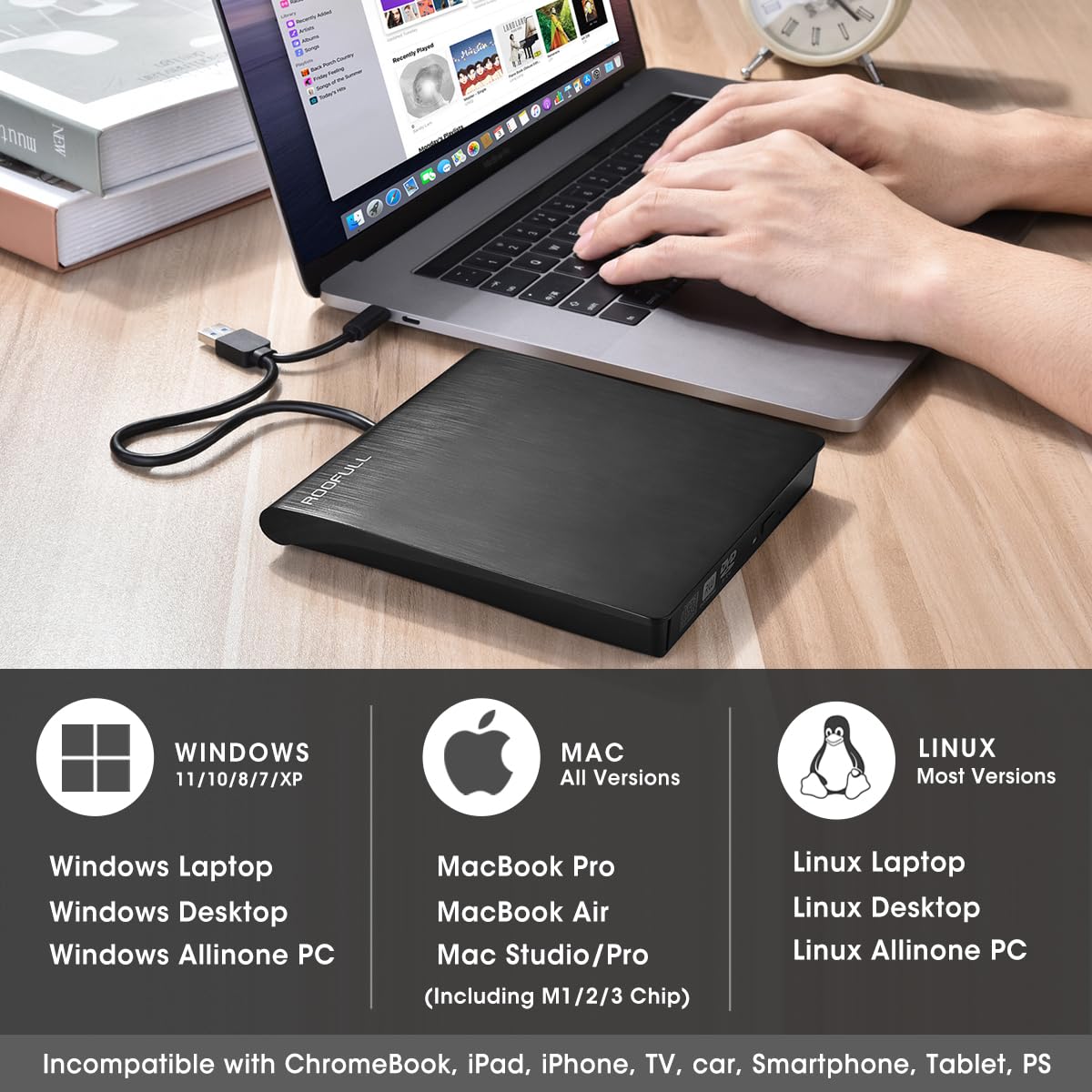 Roofull External Cd Dvd +/ Rw Drive Usb 3.0 & Usb C Cd Burner Dvd Player Reader Writer Optical Disc Drive With Carrying Case For