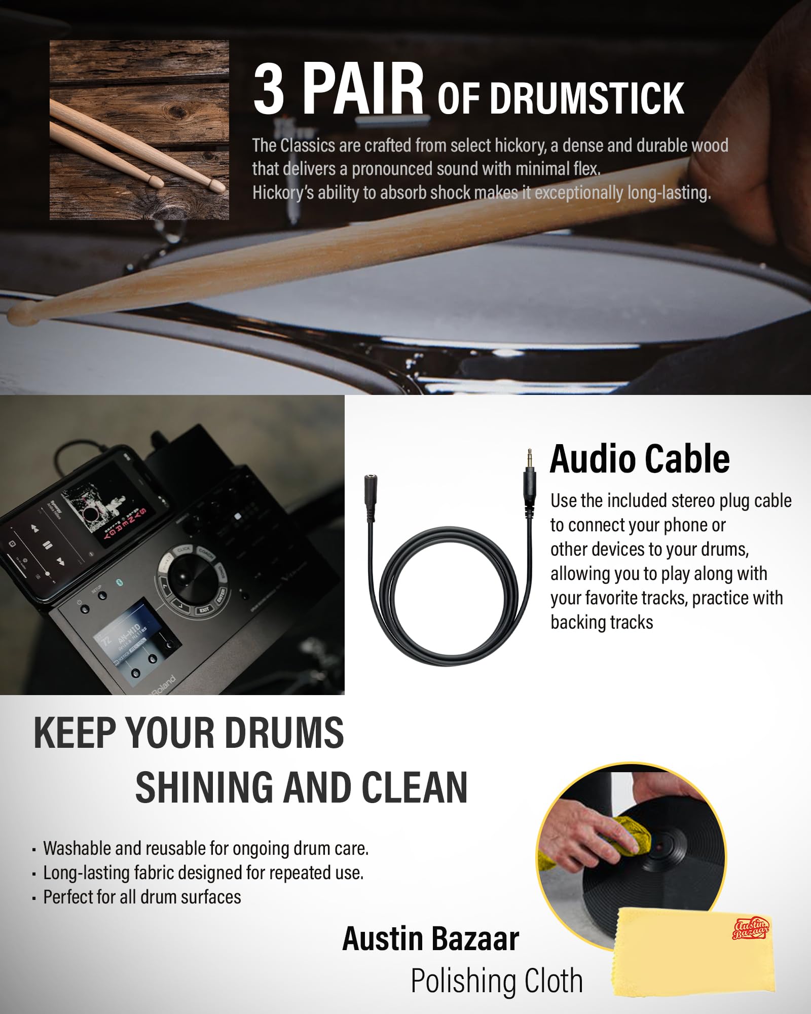 Roland V-Drums Td-27Kv2 Electronic Drum Set Bundle With Drum Throne, Drumstick Bag, Audio Cable, 3 Pairs Of Drumsticks And Austi