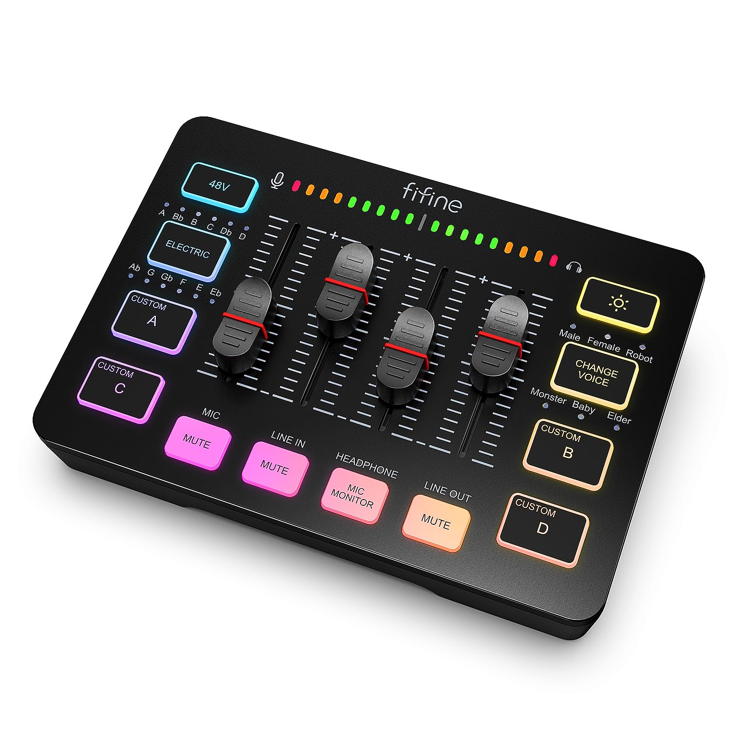 FIFINE Gaming Audio Mixer, Streaming RGB PC Mixer with XLR Microphone Interface, Individual Control, Volume Fader, Mute Button, 