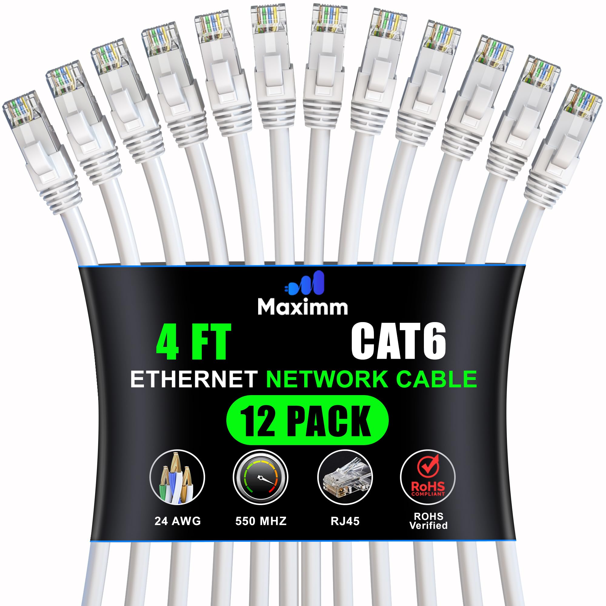 Maximm Cat 6 Ethernet Cable 4 Ft (12 Pack)   High Speed Lan Cable, Internet Cable, Patch Cable, And Network Cable   Utp, 10Gbps, 550Mhz Ethernet Cord   White