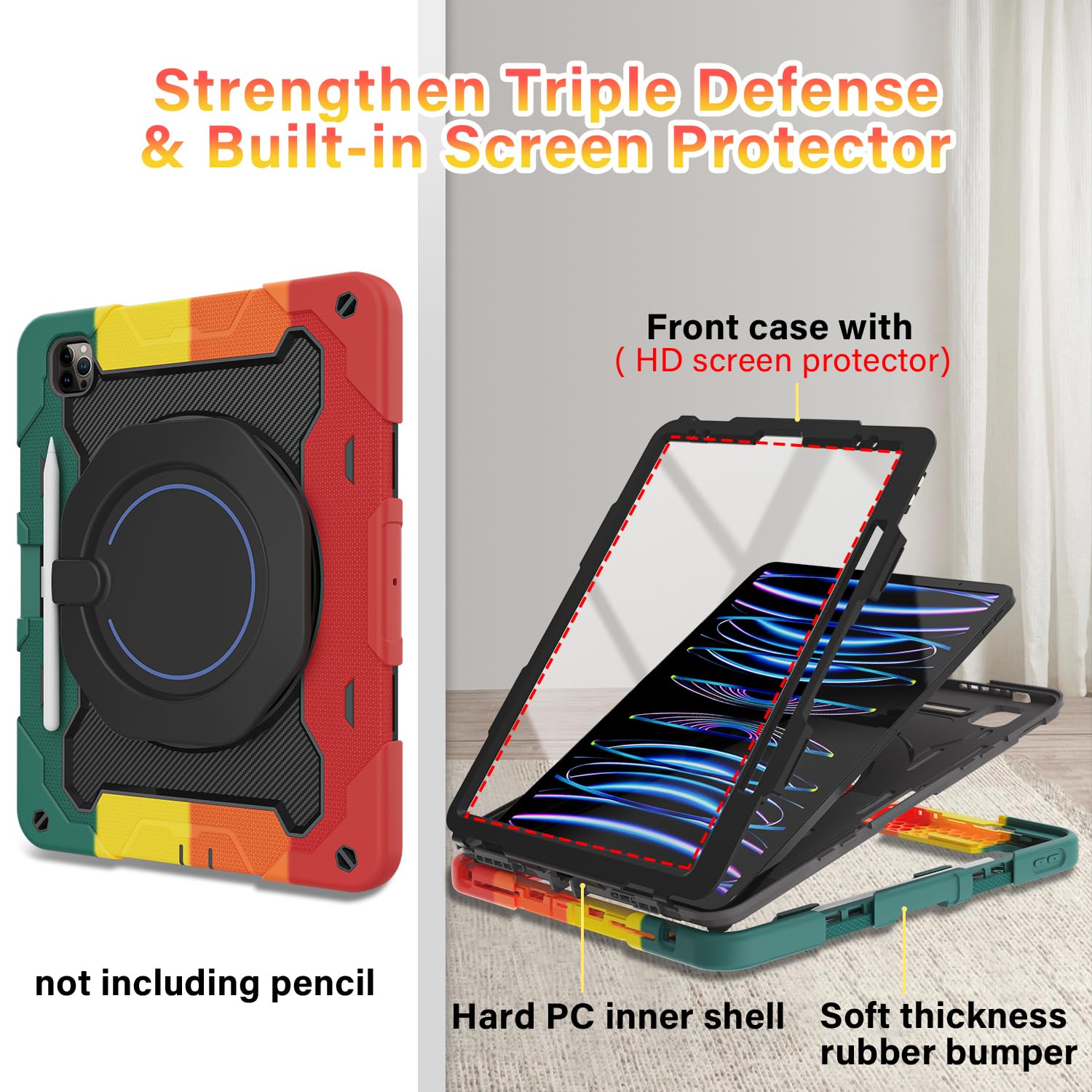 Roiskin For Ipad Pro 12.9  Inch Case (6Th, 5Th, 4Th & 3Rd Gen)With Hd Screen Protector, 360 Stand, Handle, Pencil Holder,Shoulde