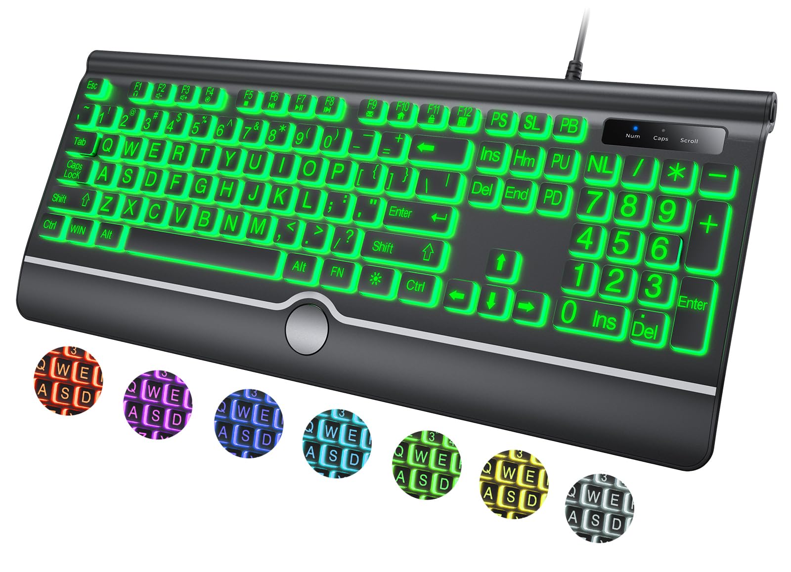 Large Print Backlit Computer Keyboard, 7 Color Backlit Keyboard With Wrist Rest, Usb Plug And Play, Oversize Letters Keys Easy T
