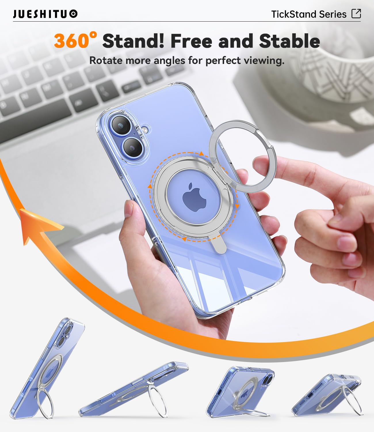 Jueshituo 3 In 1 For Iphone 16 Plus Case, [Non Yellowing] 360 Rotatable Magnetic Ring Stand With [Rotary Damping Sound] [1X Scre