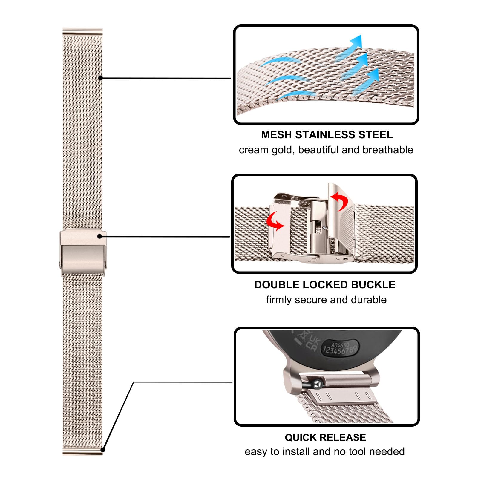 Trumirr Women Band For Garmin Lily 2 Smart Watch, Mesh Stainless Steel Watchband Cream Gold Strap For Garmin Lily 2 Only