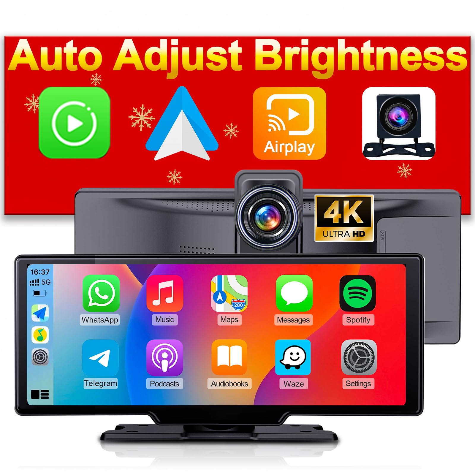 Luzeterna Portable 9.3 Inch Wireless Apple Carplay Screen For Car With Auto Brightness, 4K Dash Cam & Backup Camera, Bluetooth C