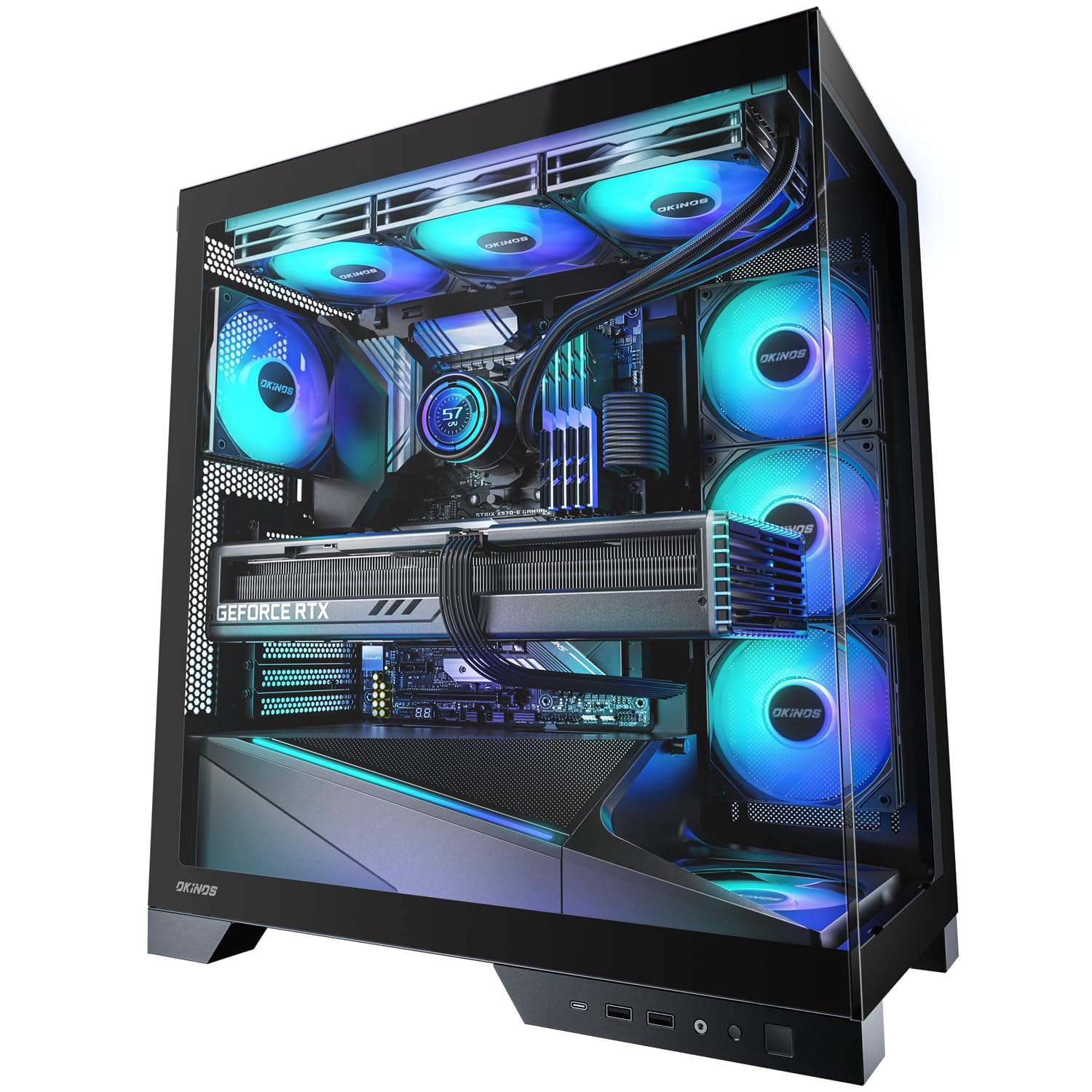 Okinos Aqua 9, ATX PC Case, 5    120mm ARGB PWM Fan Pre-Installed, Support Top & Side Dual 360mm Radiator, Back-Connect Motherbo