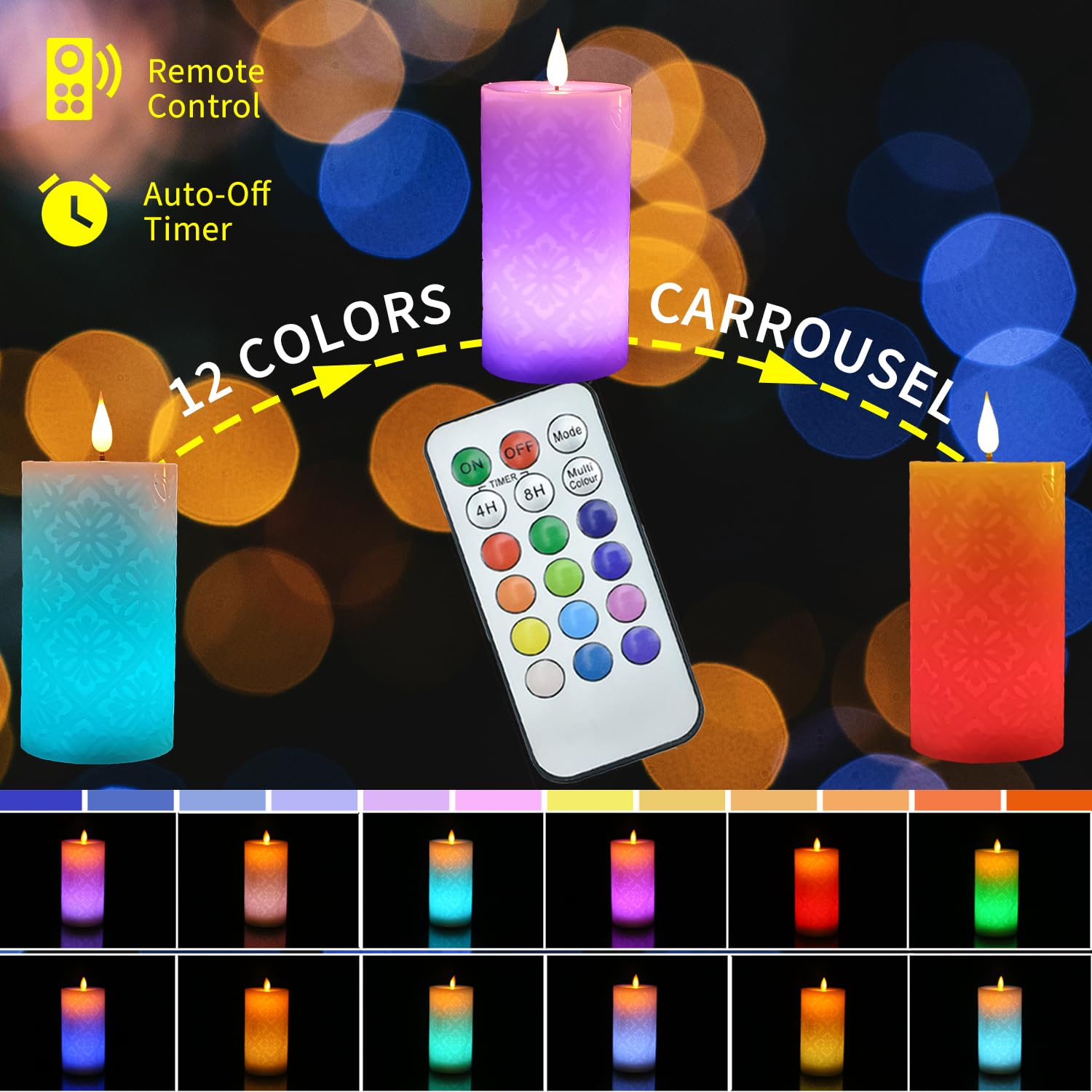 Niceme Led Multi Colored Flameless Candle With Remote Control Timer, 6'' Realistic Wax Color Changing Candle Battery Operated Wi