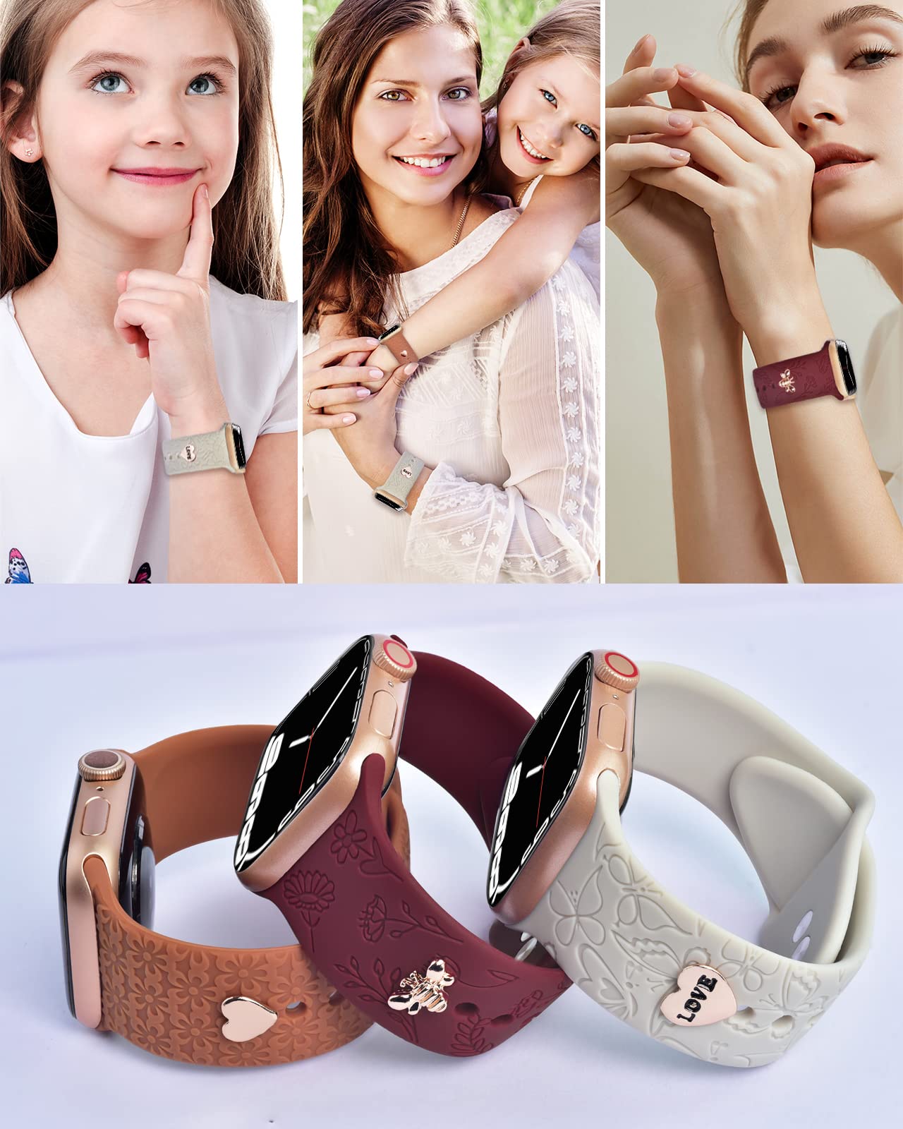 Engraved Bands With Charms Compatible With Apple Watch Bands 38Mm 40Mm 41Mm Women, Oratyfan Soft Sport Silicone Wristbands Flowe